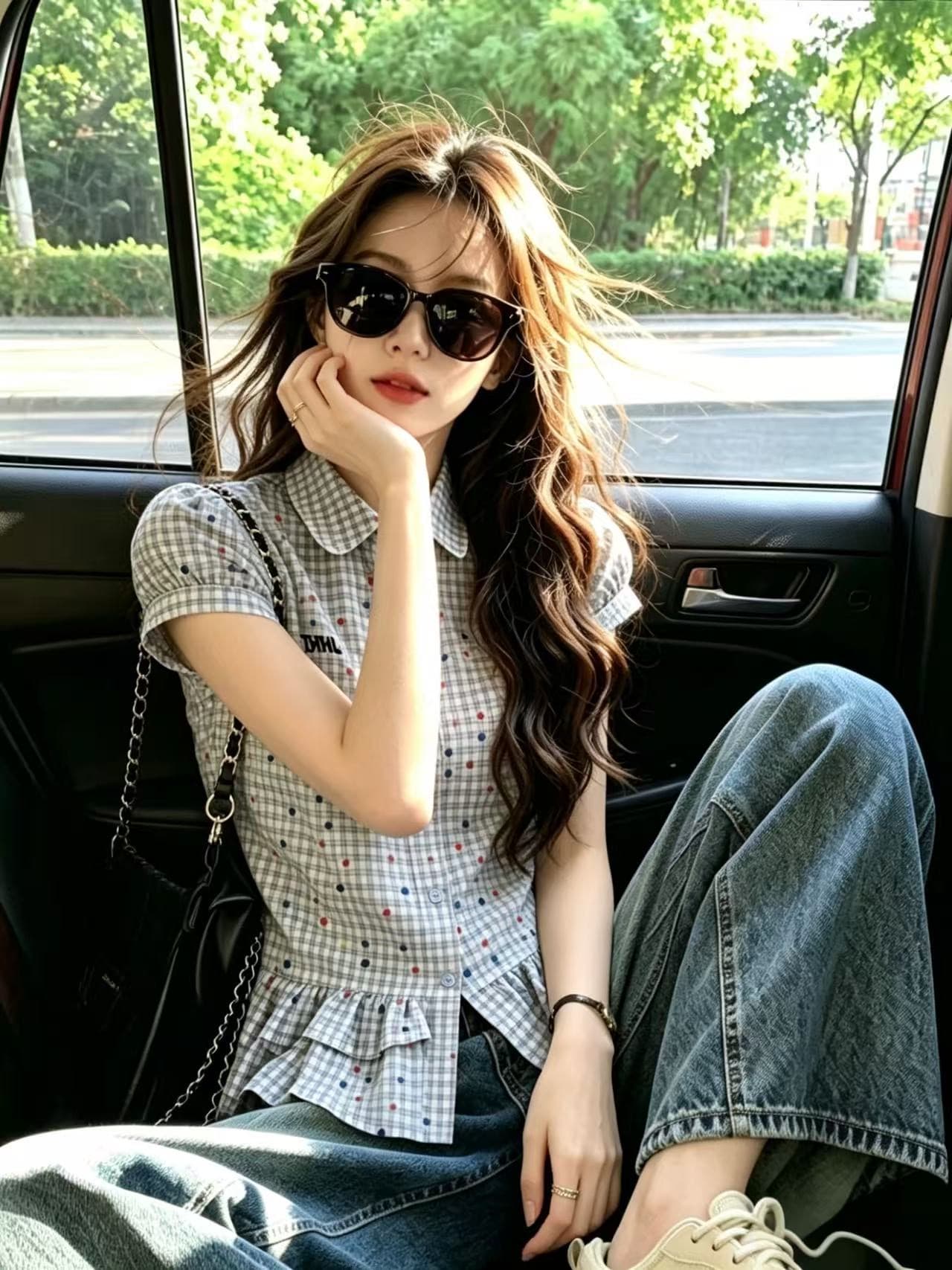 바람 도트 무늬 체크무늬 버블 셔츠 맨위 여성 이미지 4