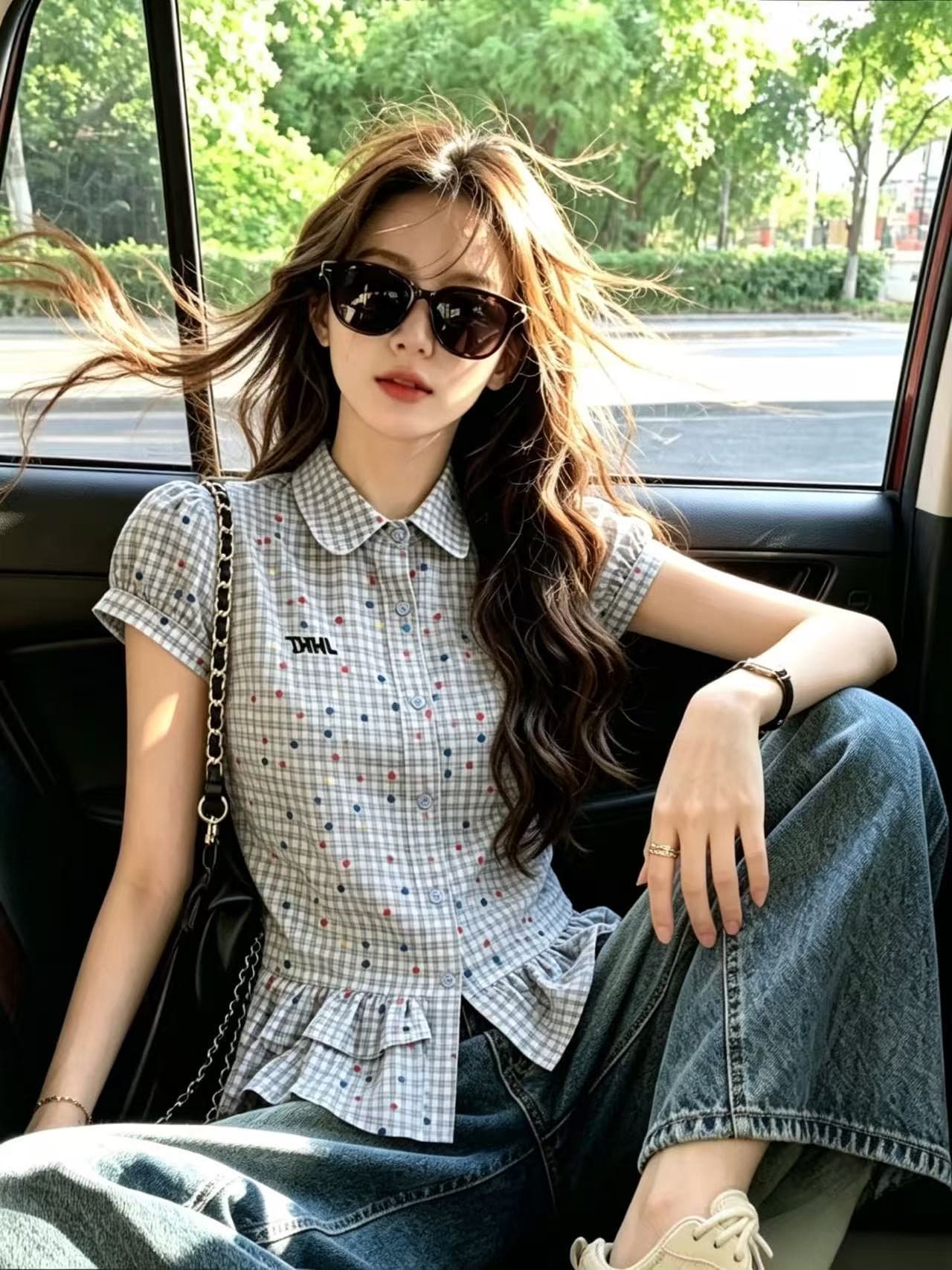 바람 도트 무늬 체크무늬 버블 셔츠 맨위 여성 상세 이미지 2