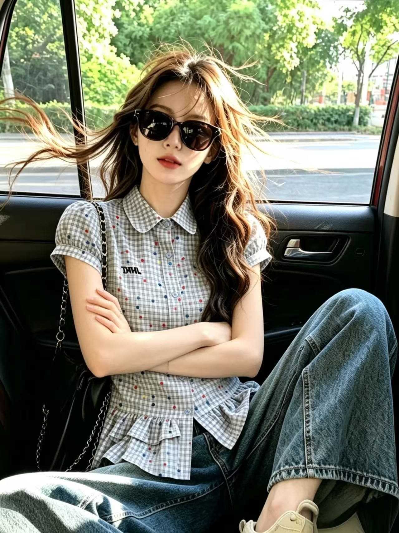 바람 도트 무늬 체크무늬 버블 셔츠 맨위 여성 상세 이미지 3