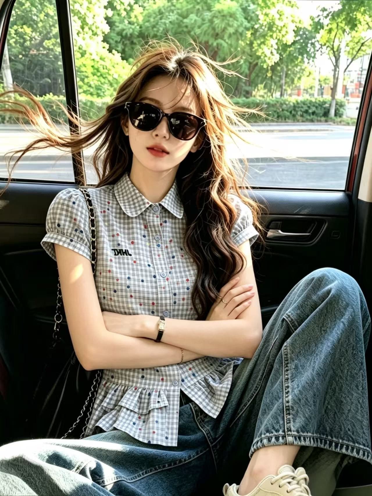 바람 도트 무늬 체크무늬 버블 셔츠 맨위 여성 상세 이미지 6