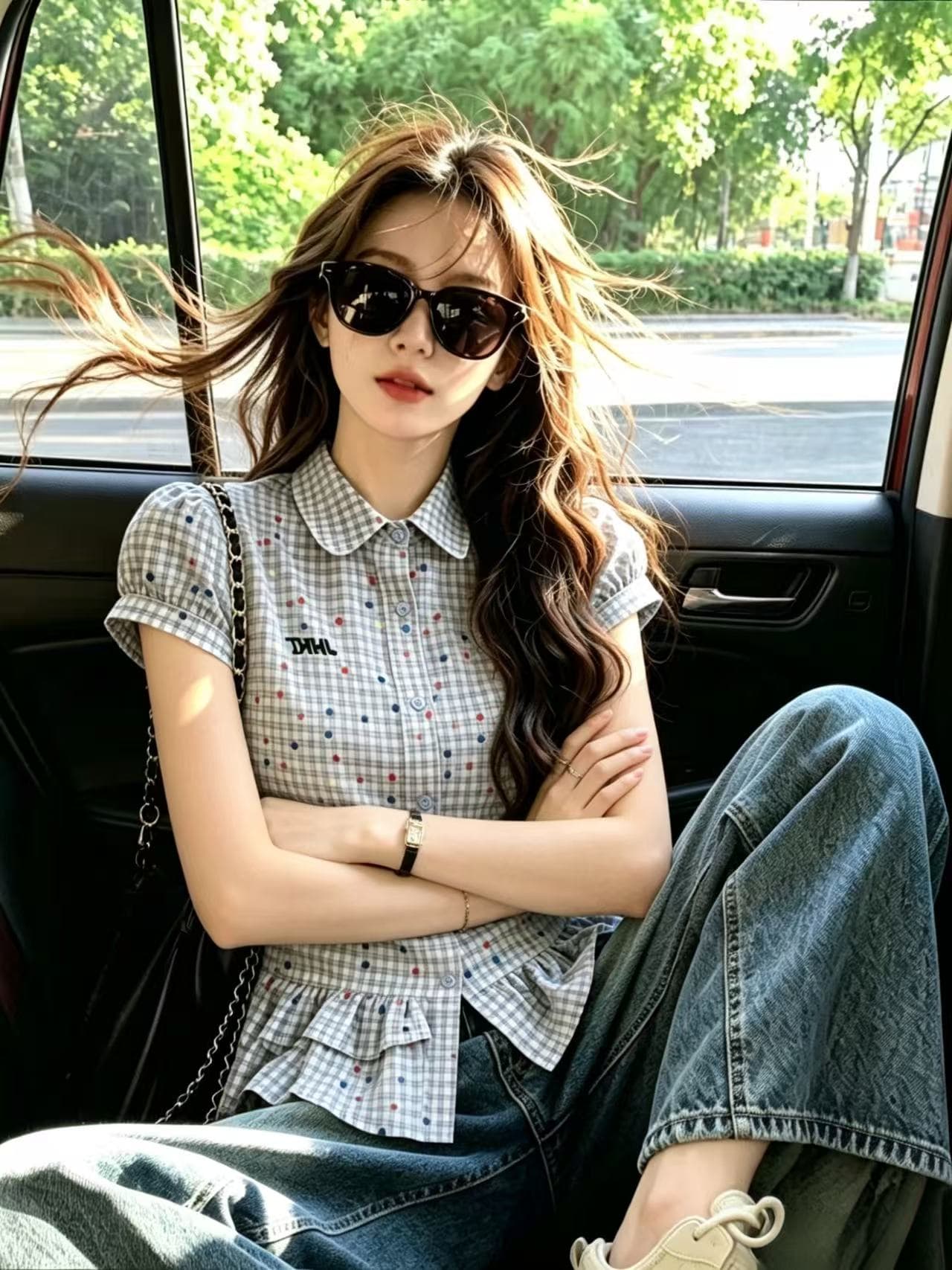 바람 도트 무늬 체크무늬 버블 셔츠 맨위 여성 상세 이미지 8
