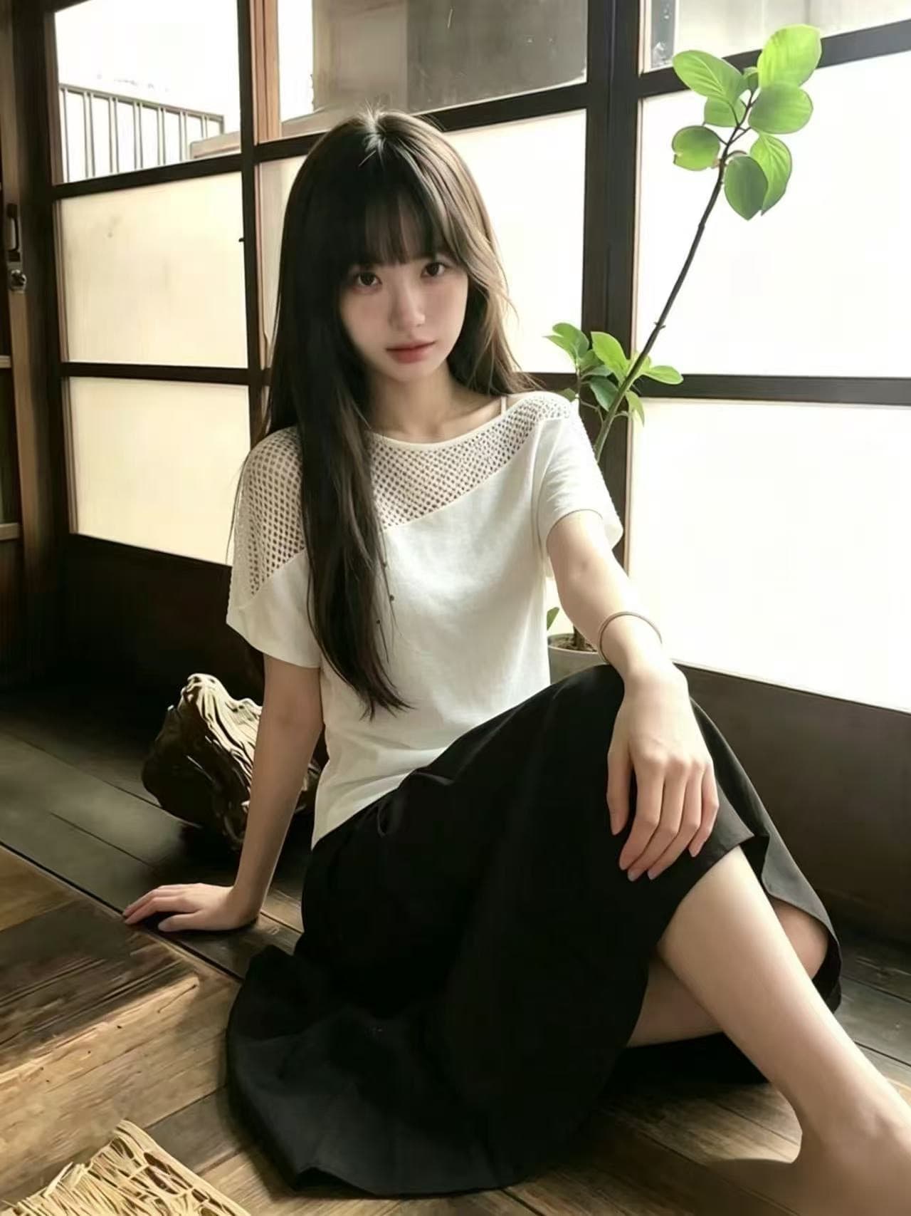 홀로우 아웃 패치워크 비스듬한 어깨 허리 수축 니트 맨위 여성 상세 이미지 3
