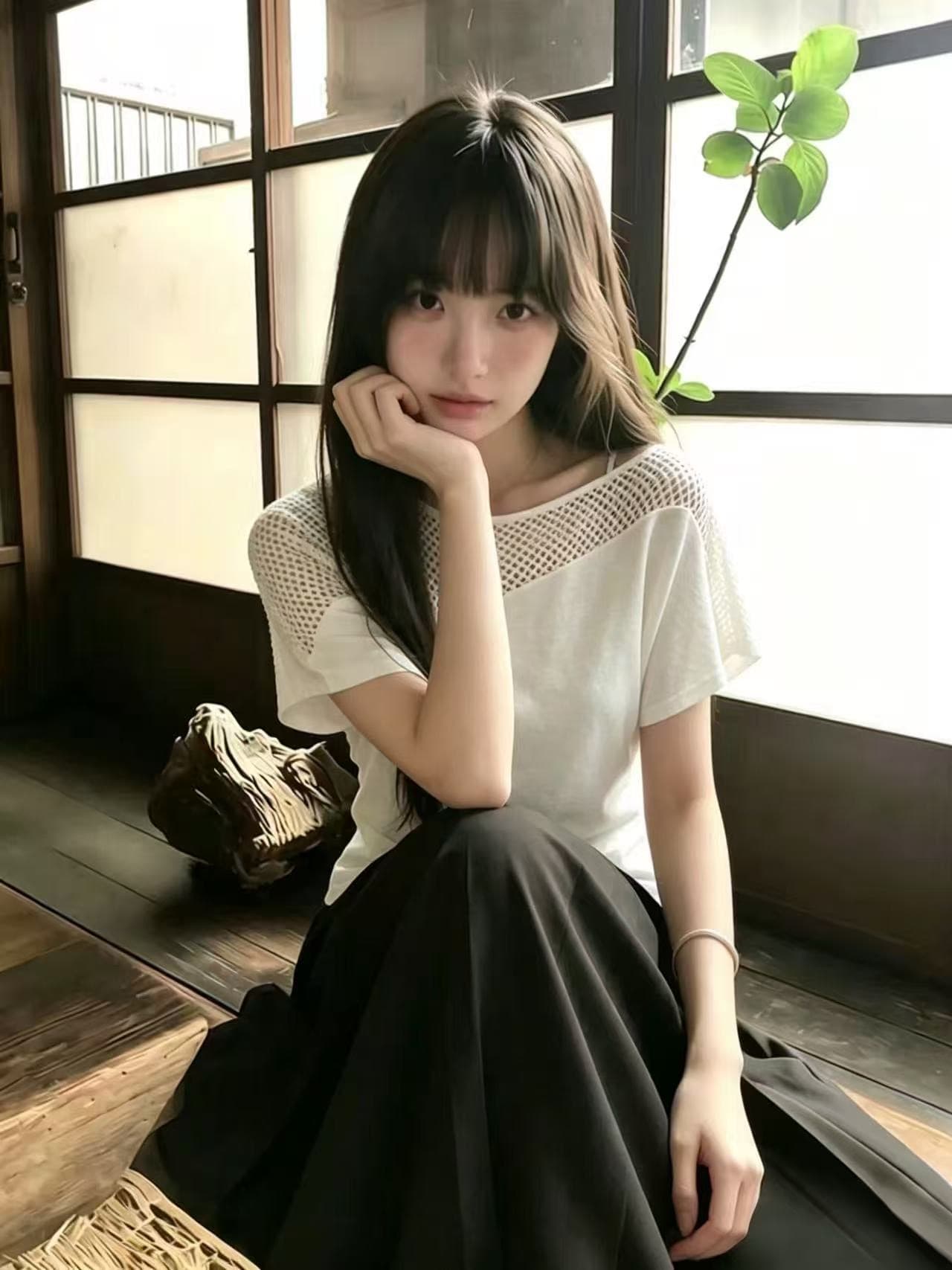 홀로우 아웃 패치워크 비스듬한 어깨 허리 수축 니트 맨위 여성 상세 이미지 7