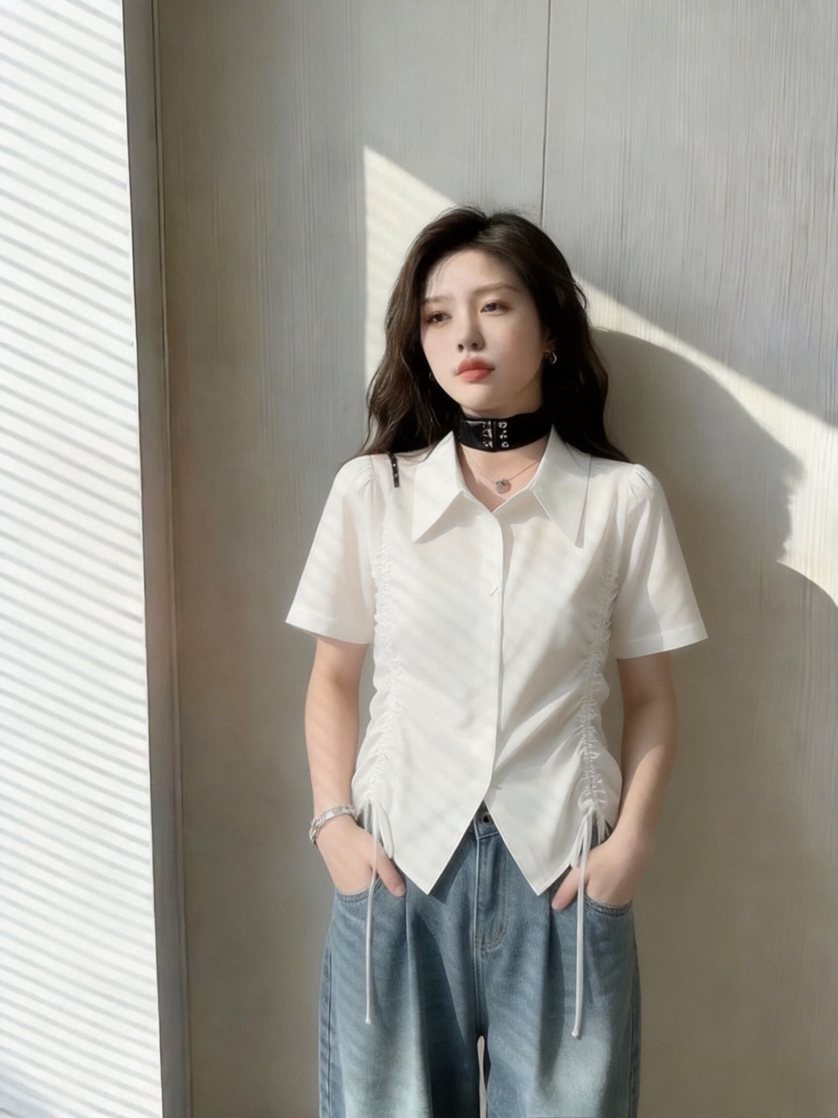 펌프 Pleat 반팔 셔츠 여성 셔츠 여성 이미지 4