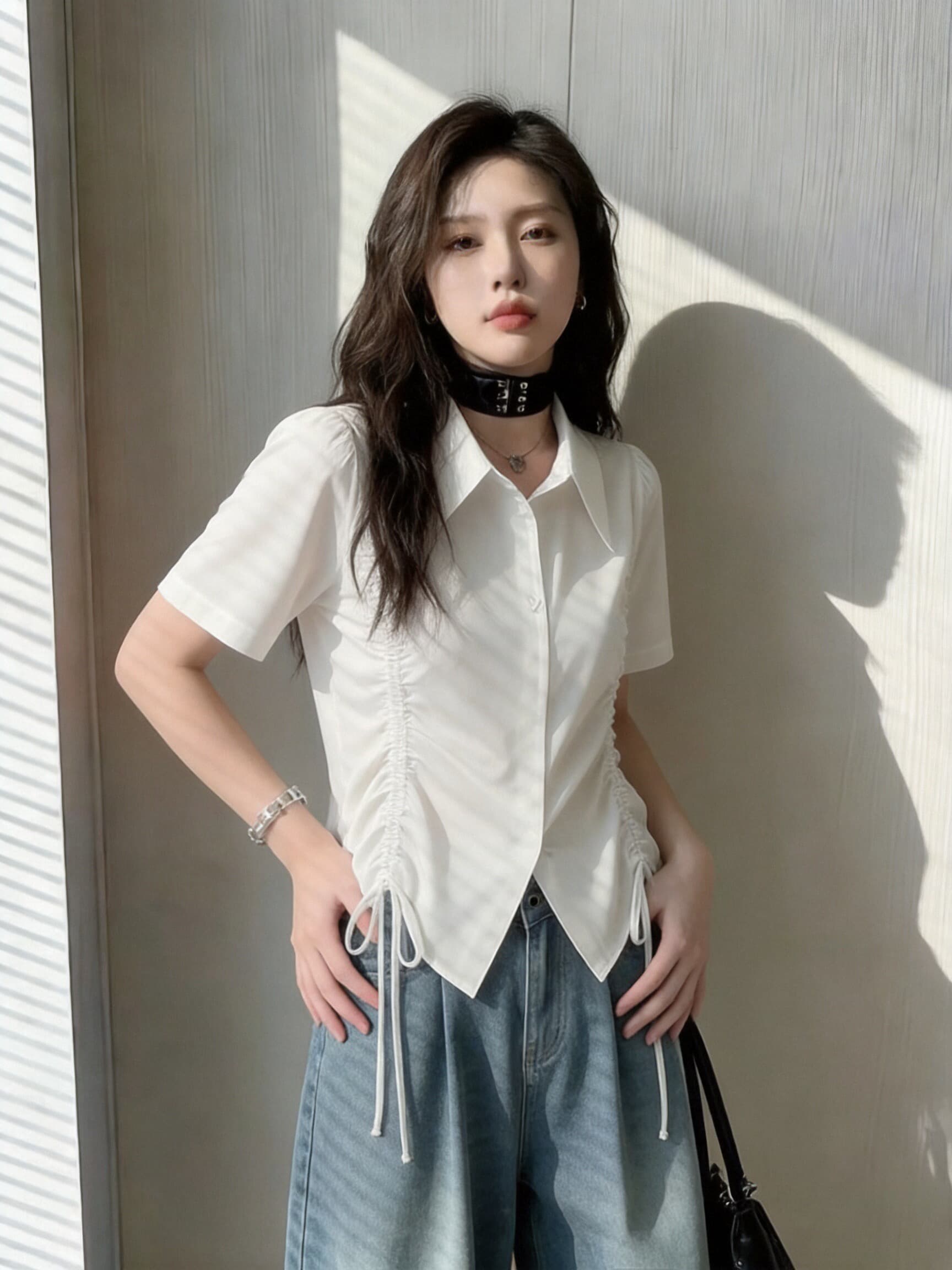 펌프 Pleat 반팔 셔츠 여성 셔츠 여성 이미지 2