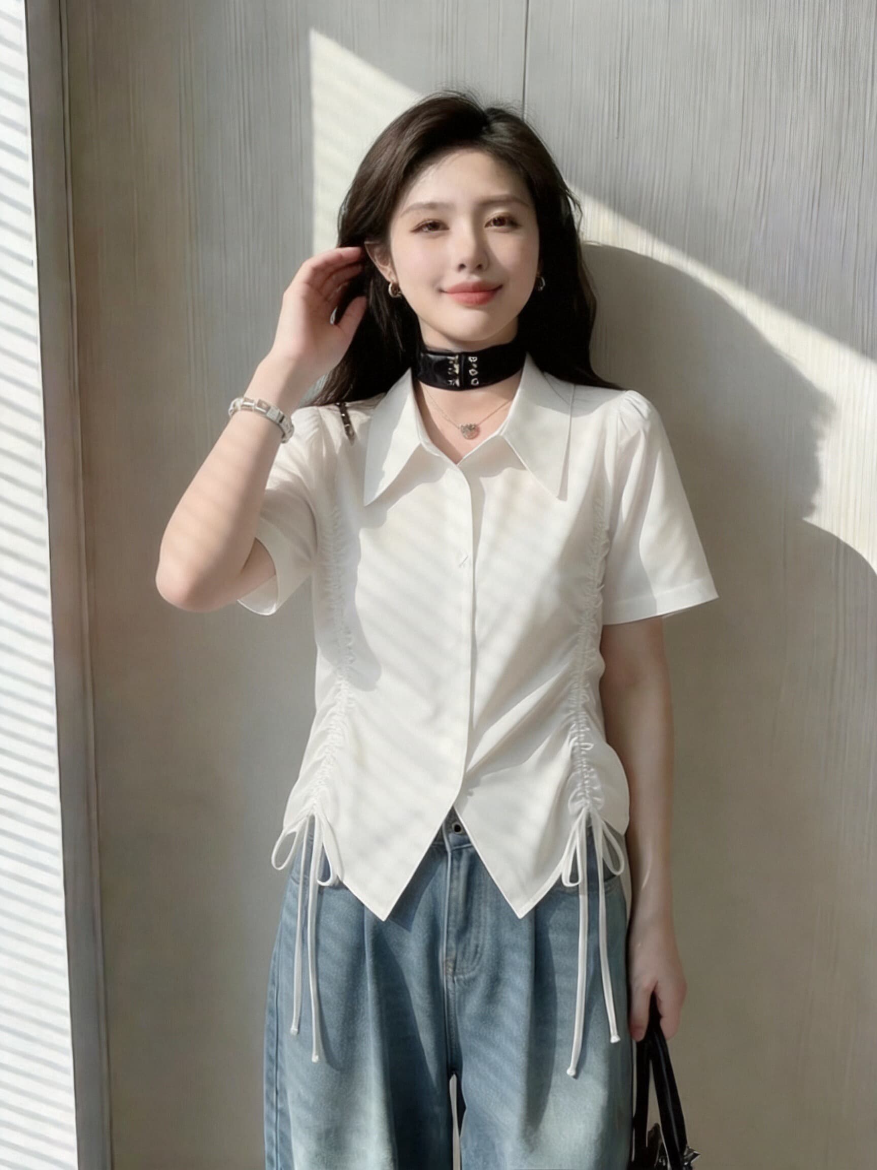 펌프 Pleat 반팔 셔츠 여성 셔츠 여성 상세 이미지 2