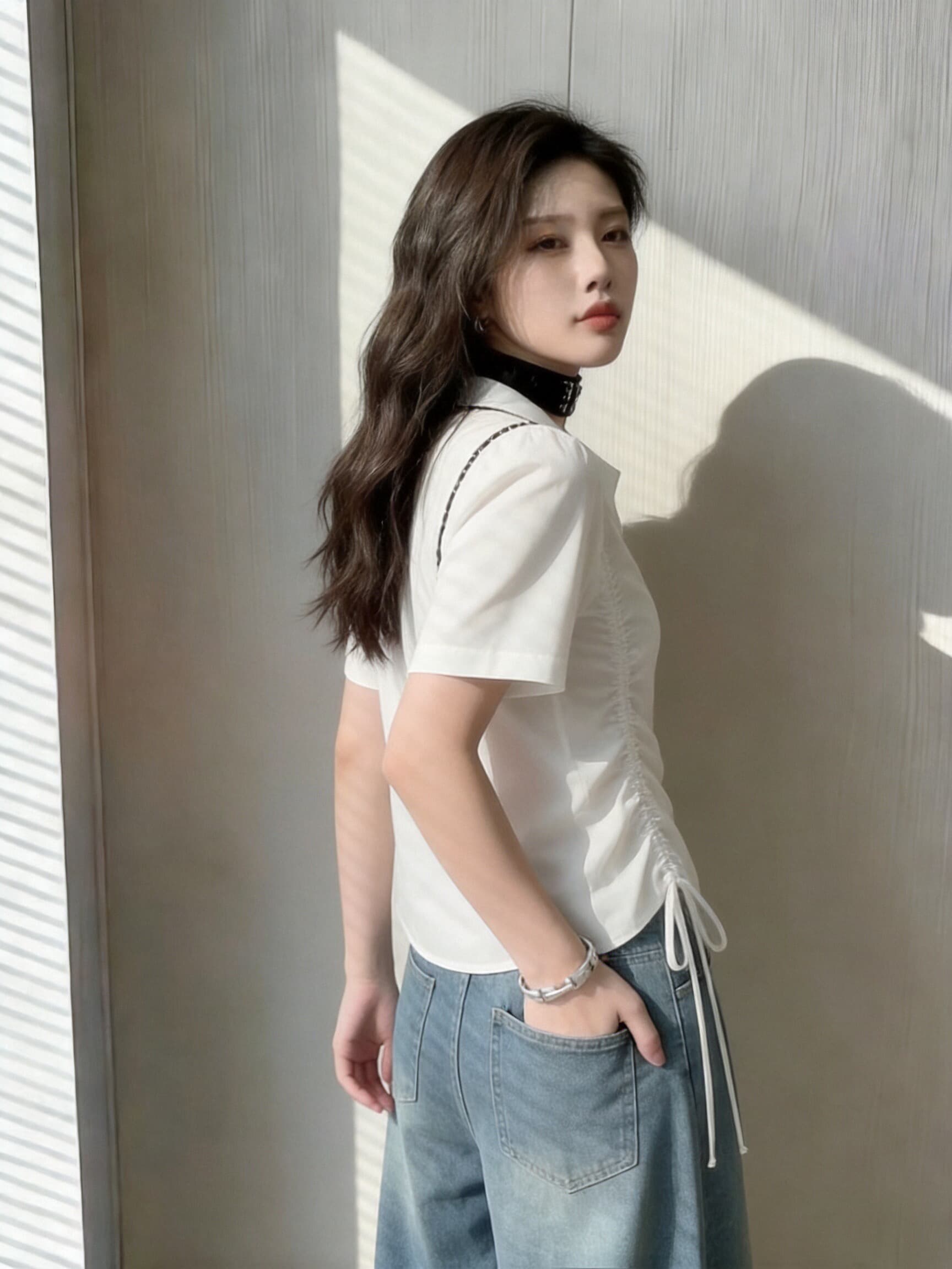 펌프 Pleat 반팔 셔츠 여성 셔츠 여성 상세 이미지 8