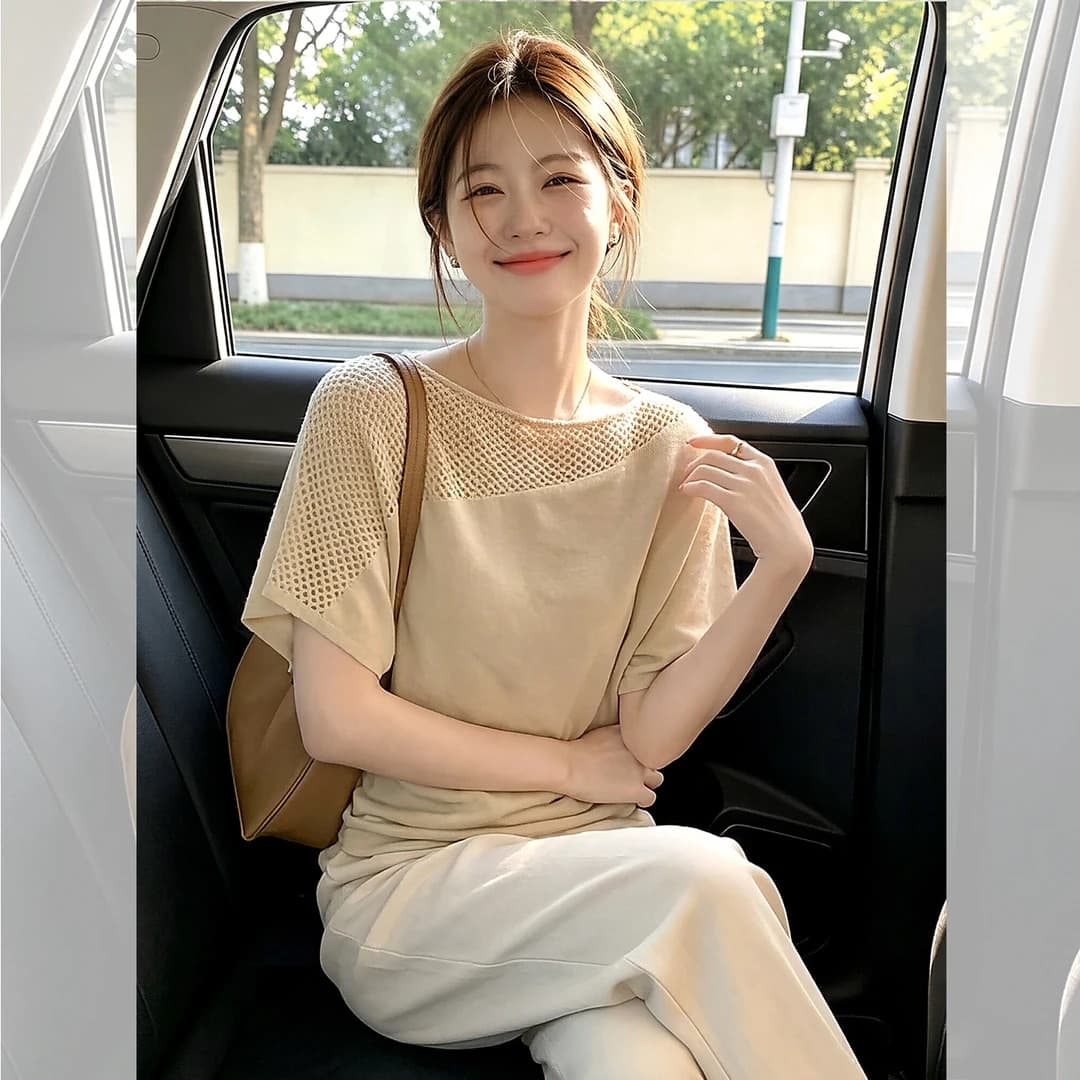 홀로우 아웃 니트 오프숄더 맨위 여성 이미지 3