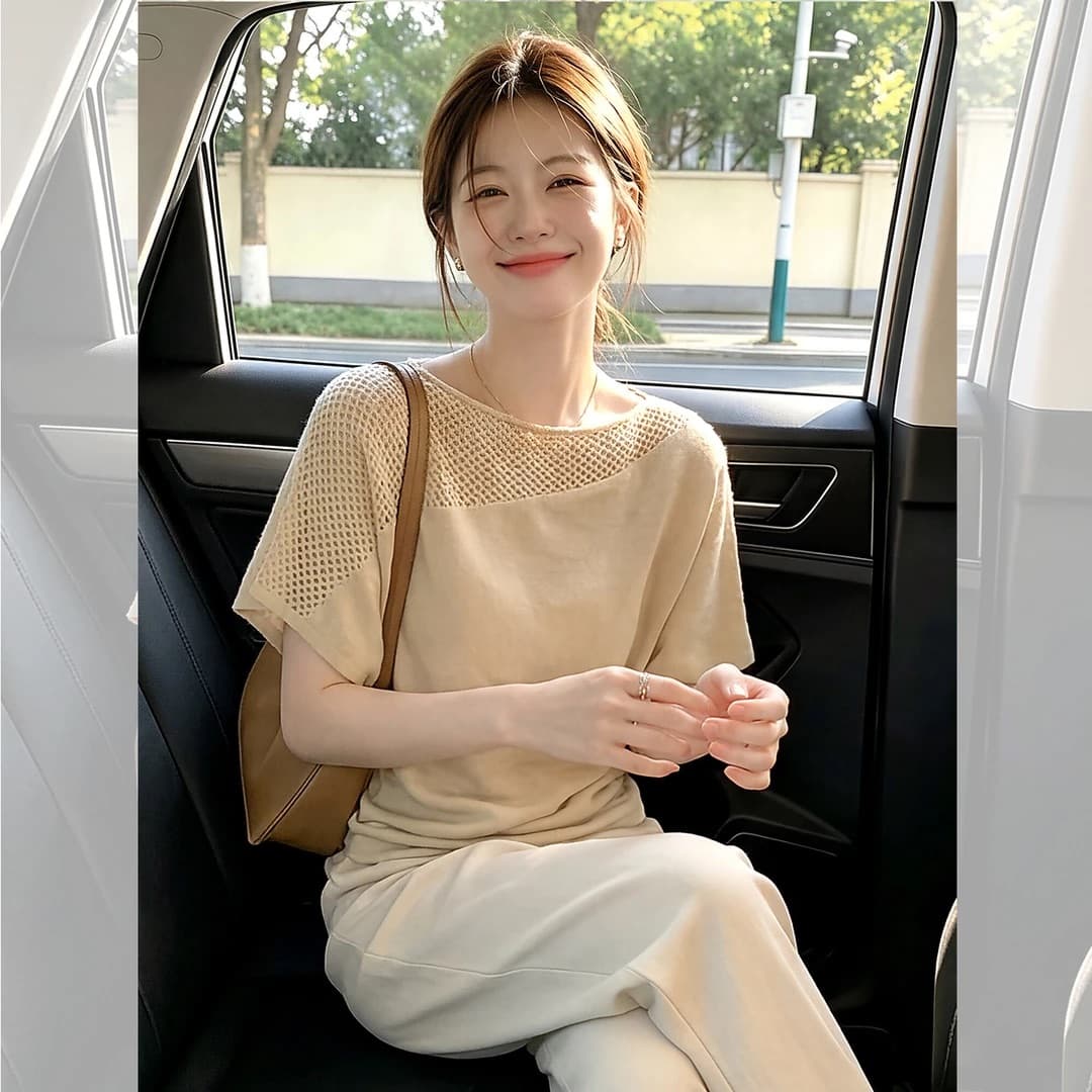 홀로우 아웃 니트 오프숄더 맨위 여성 이미지 5