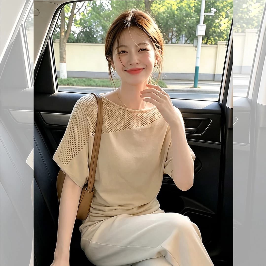 홀로우 아웃 니트 오프숄더 맨위 여성 이미지 4