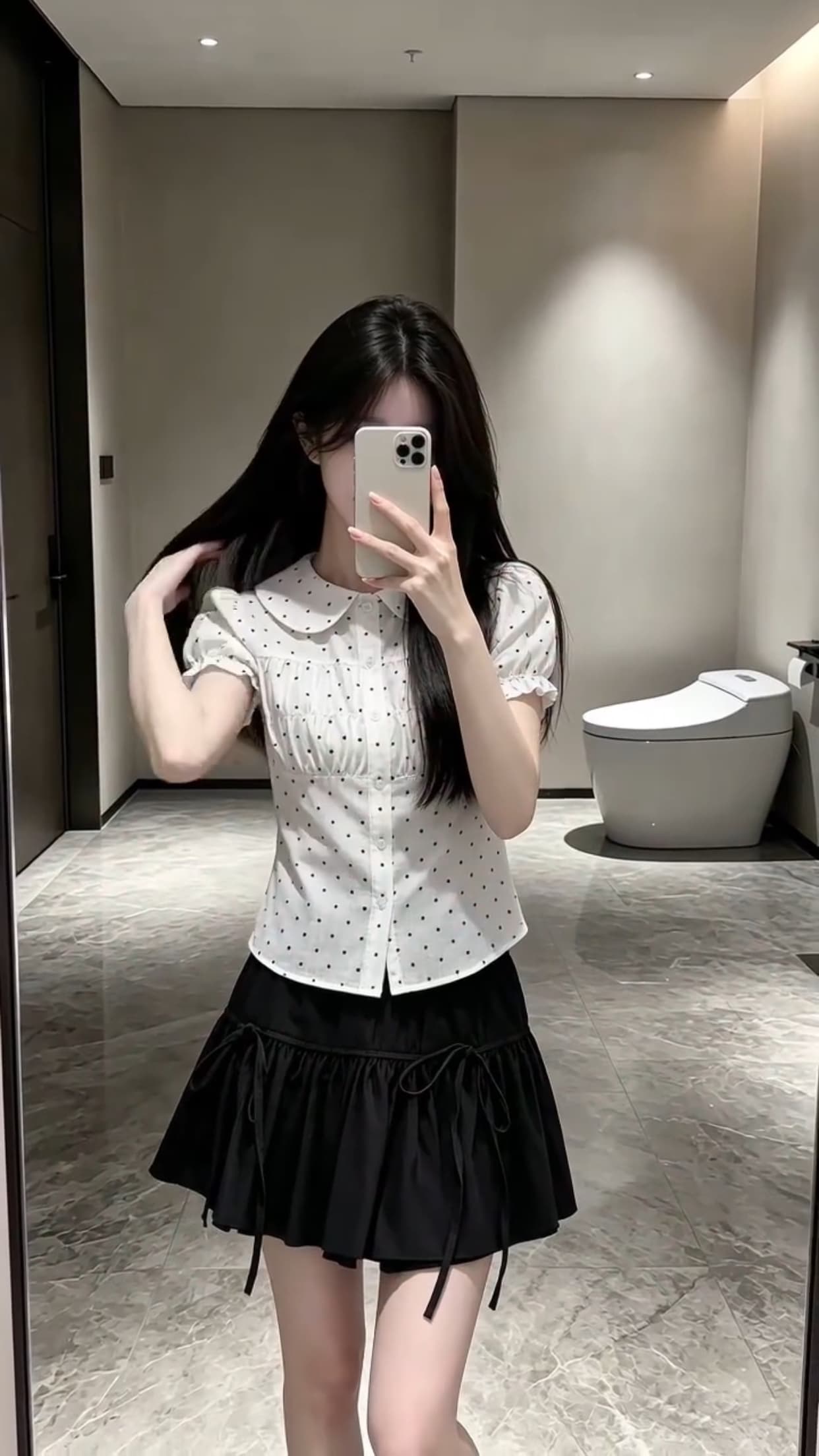 폴로 칼라 거품 소매 도트 무늬 셔츠 맨위 여성 이미지 2