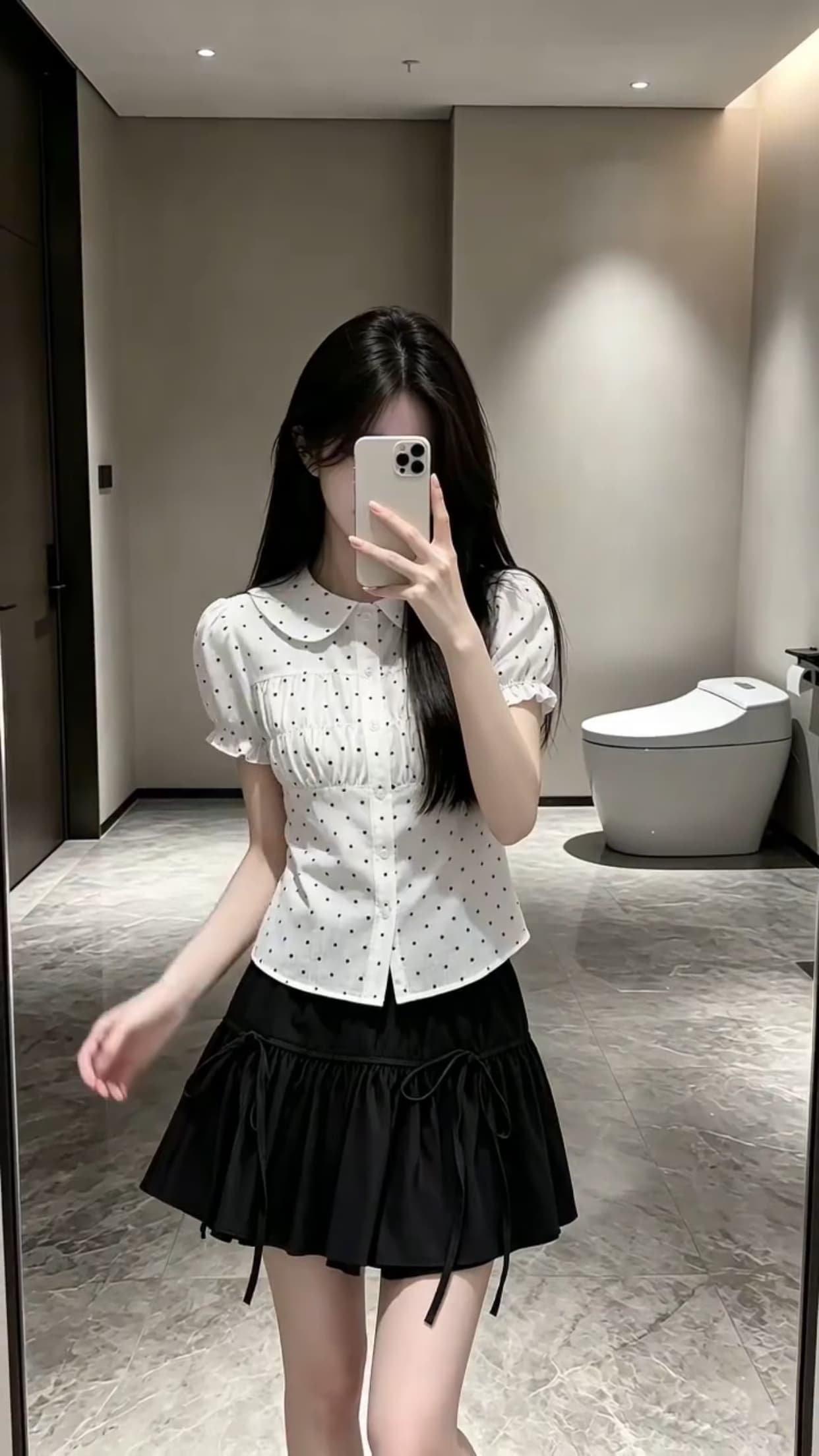 폴로 칼라 거품 소매 도트 무늬 셔츠 맨위 여성 이미지 5