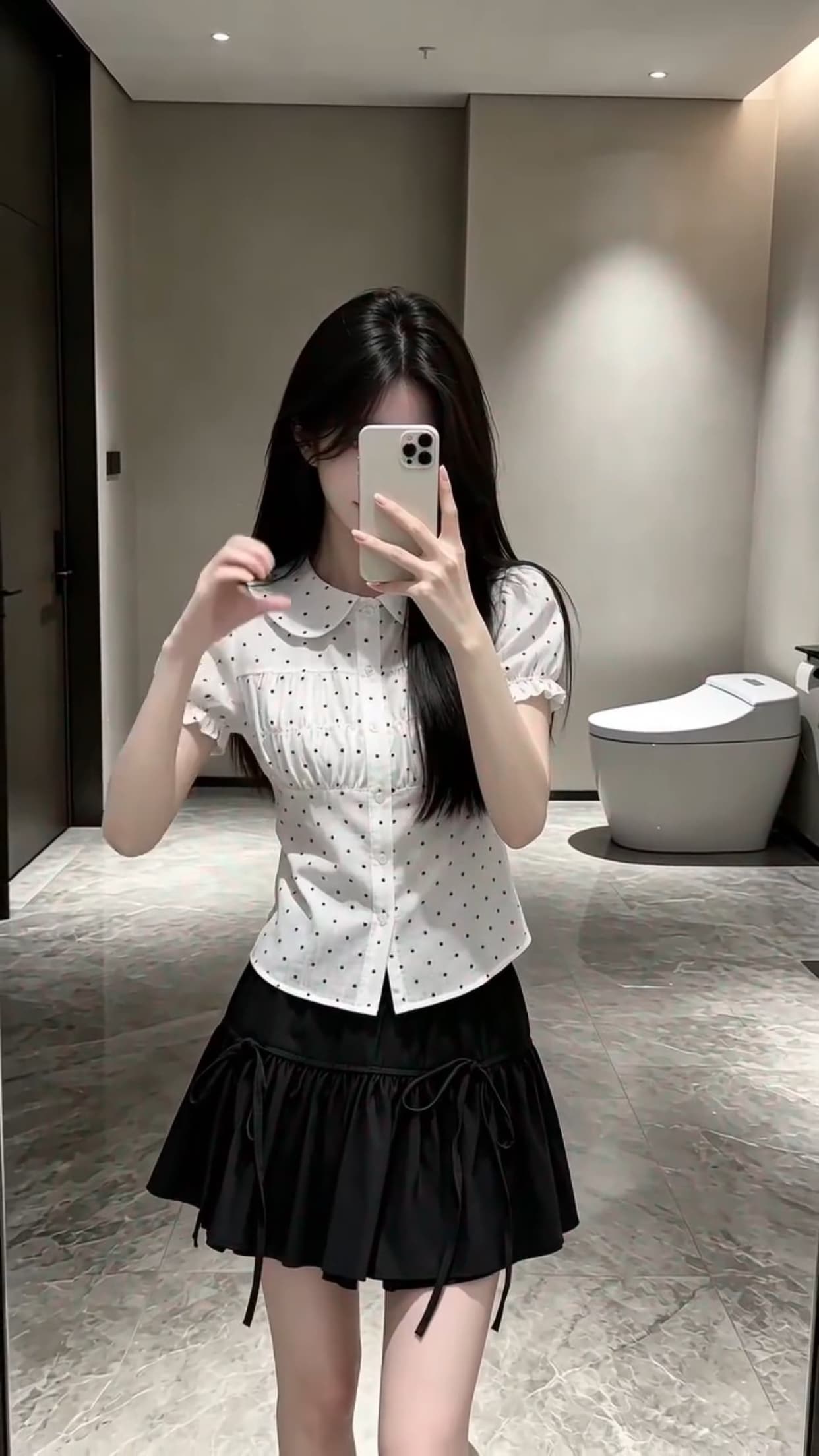 폴로 칼라 거품 소매 도트 무늬 셔츠 맨위 여성 이미지 4