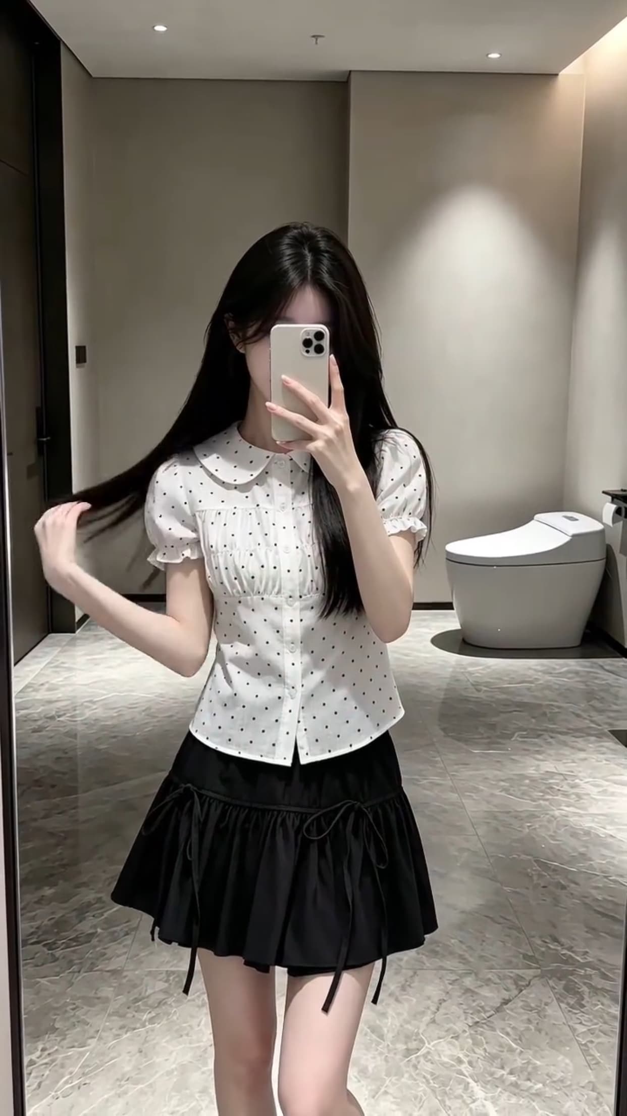 폴로 칼라 거품 소매 도트 무늬 셔츠 맨위 여성 상세 이미지 2