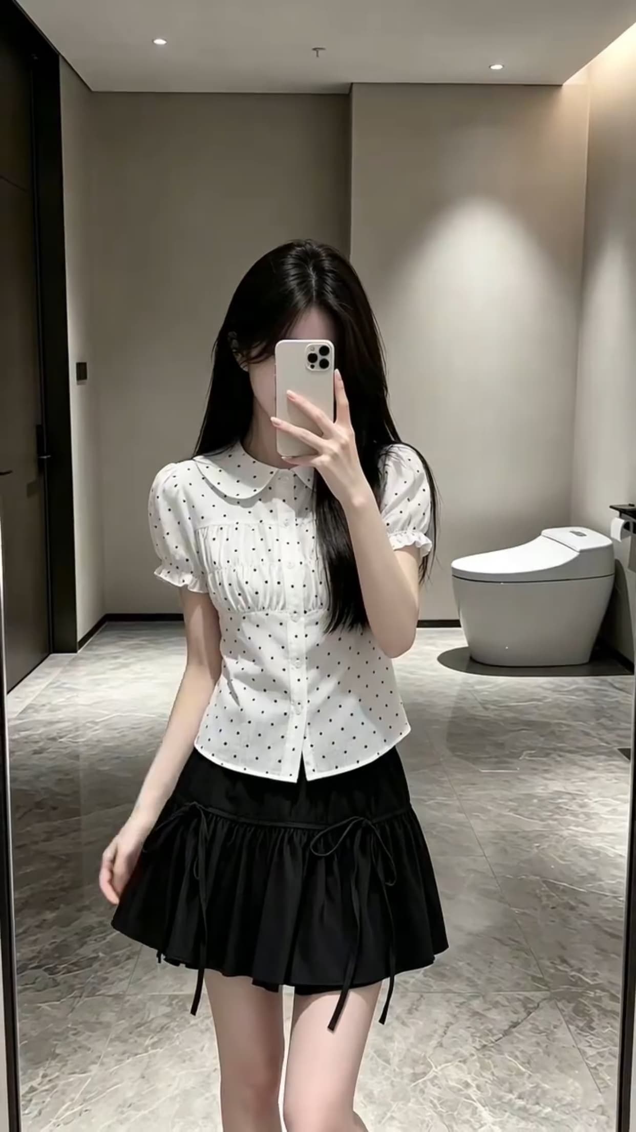 폴로 칼라 거품 소매 도트 무늬 셔츠 맨위 여성 상세 이미지 3
