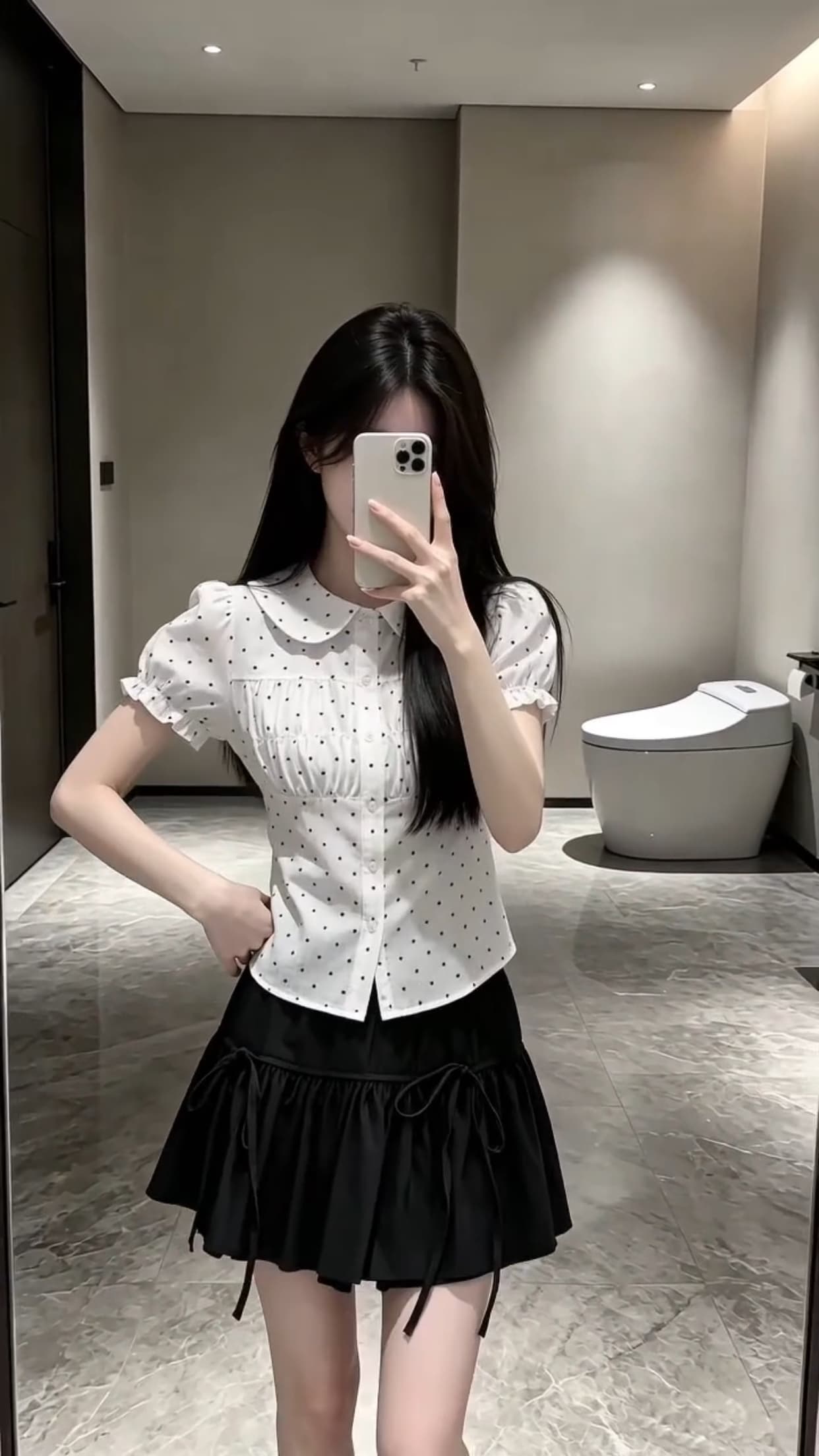 폴로 칼라 거품 소매 도트 무늬 셔츠 맨위 여성 상세 이미지 7