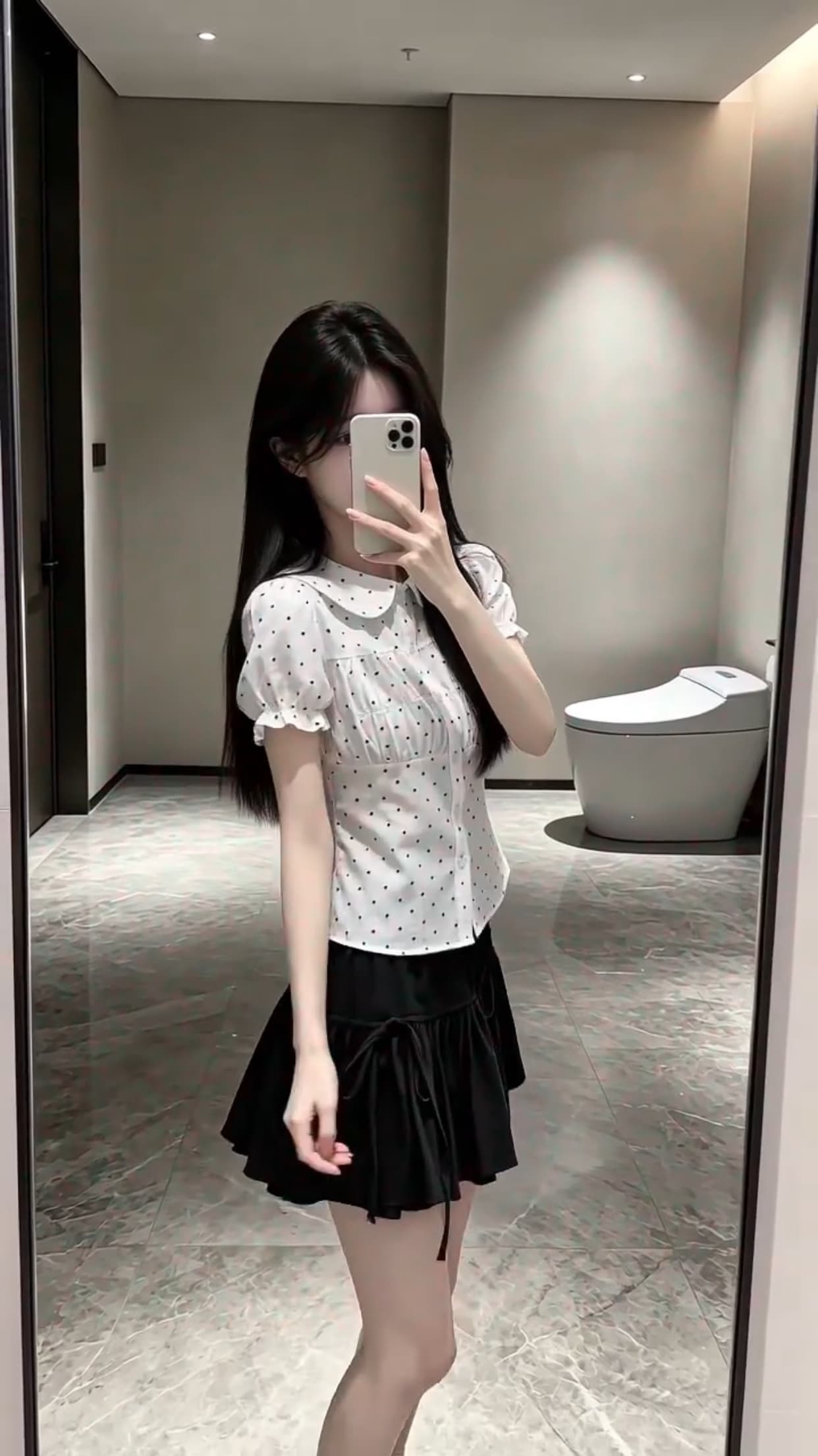 폴로 칼라 거품 소매 도트 무늬 셔츠 맨위 여성 상세 이미지 8
