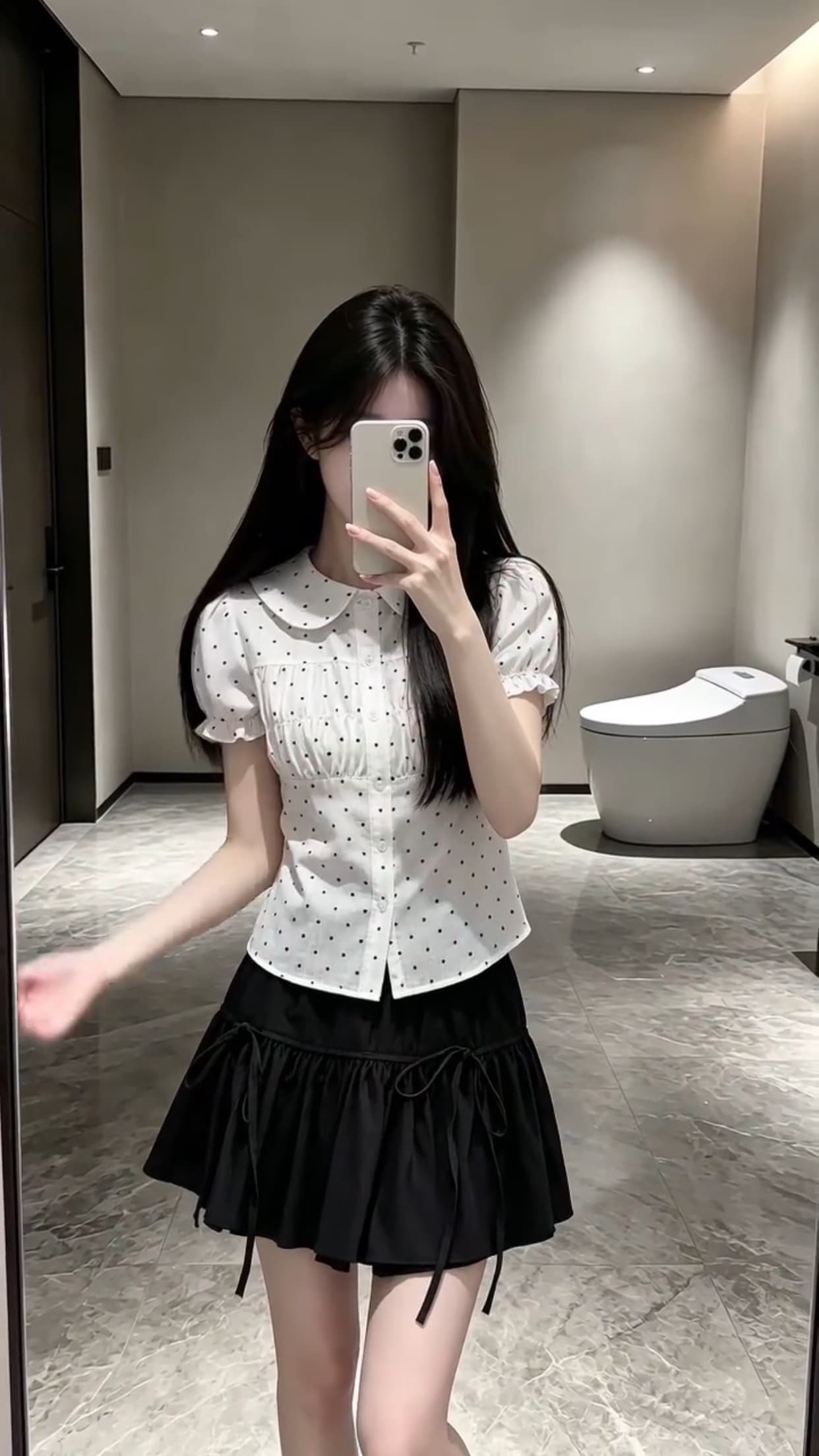 폴로 칼라 거품 소매 도트 무늬 셔츠 맨위 여성 상세 이미지 9