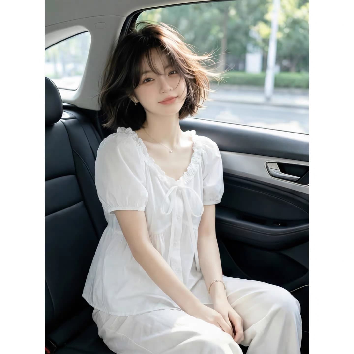 레이스업 나비 매듭 거품 소매 셔츠 맨위 여성 상세 이미지 2