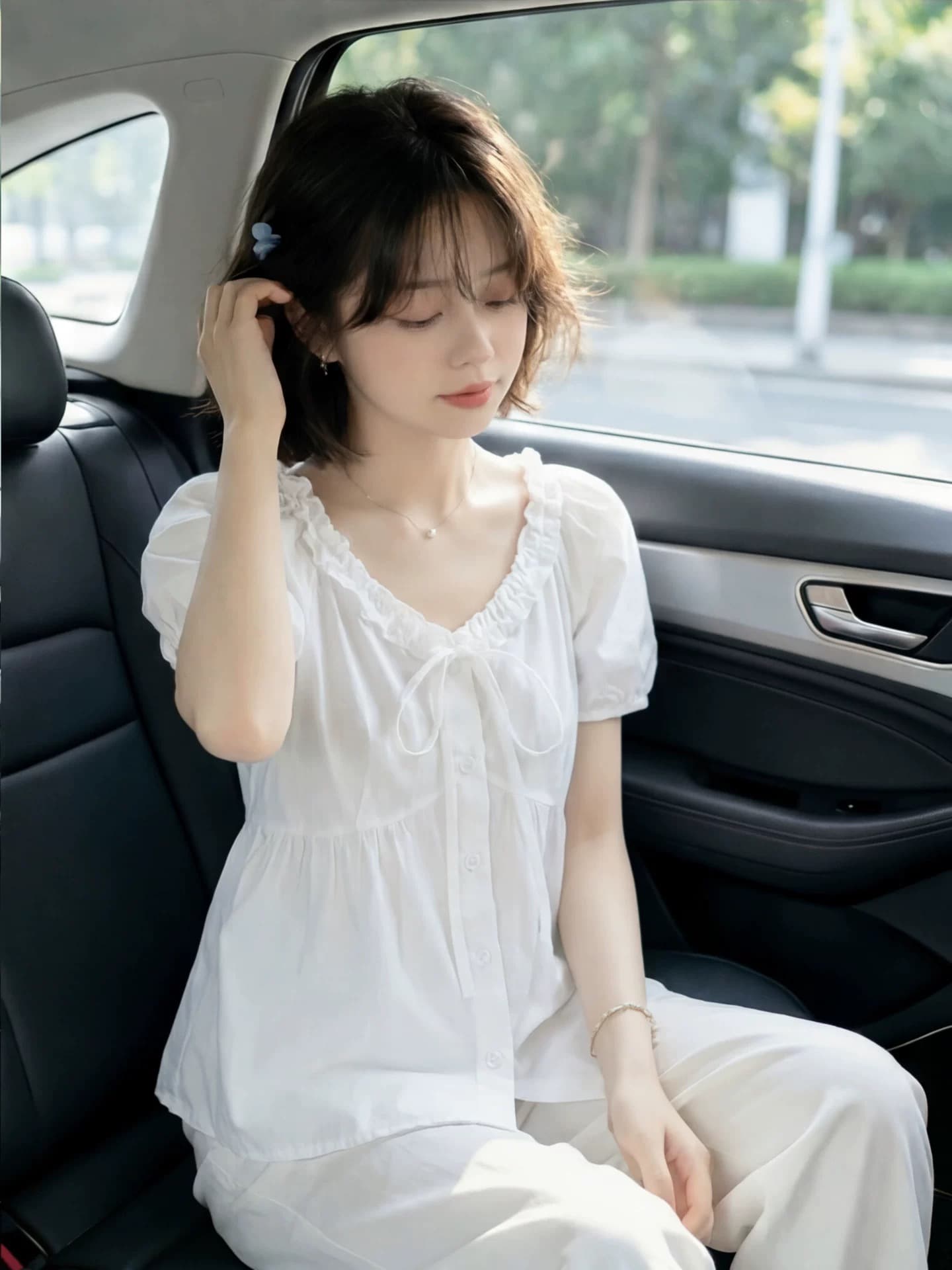 레이스업 나비 매듭 거품 소매 셔츠 맨위 여성 상세 이미지 8
