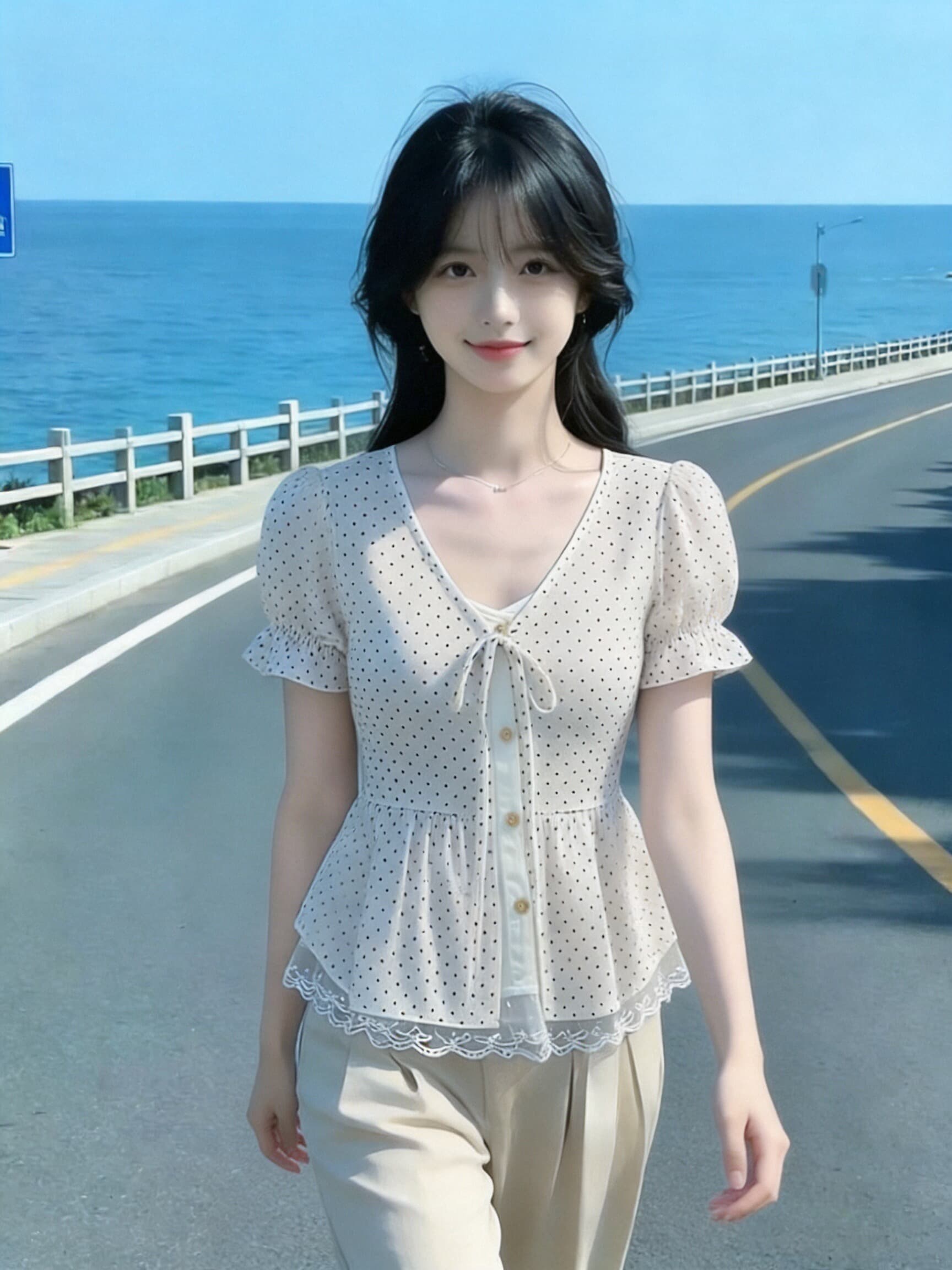 레이스 레이스 페이크 레이어드 도트 무늬 셔츠 맨위 여성 상세 이미지 4