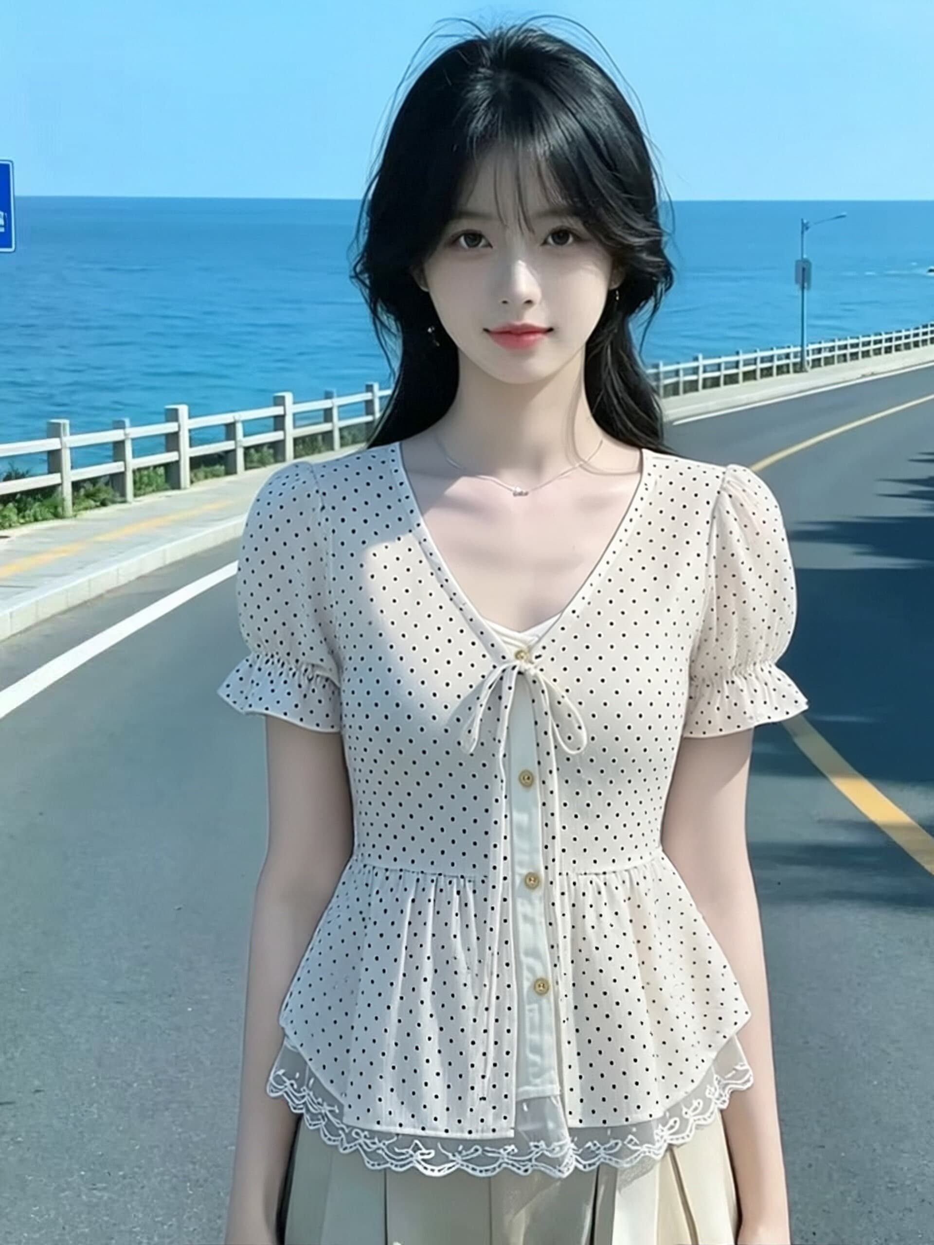 레이스 레이스 페이크 레이어드 도트 무늬 셔츠 맨위 여성 상세 이미지 5