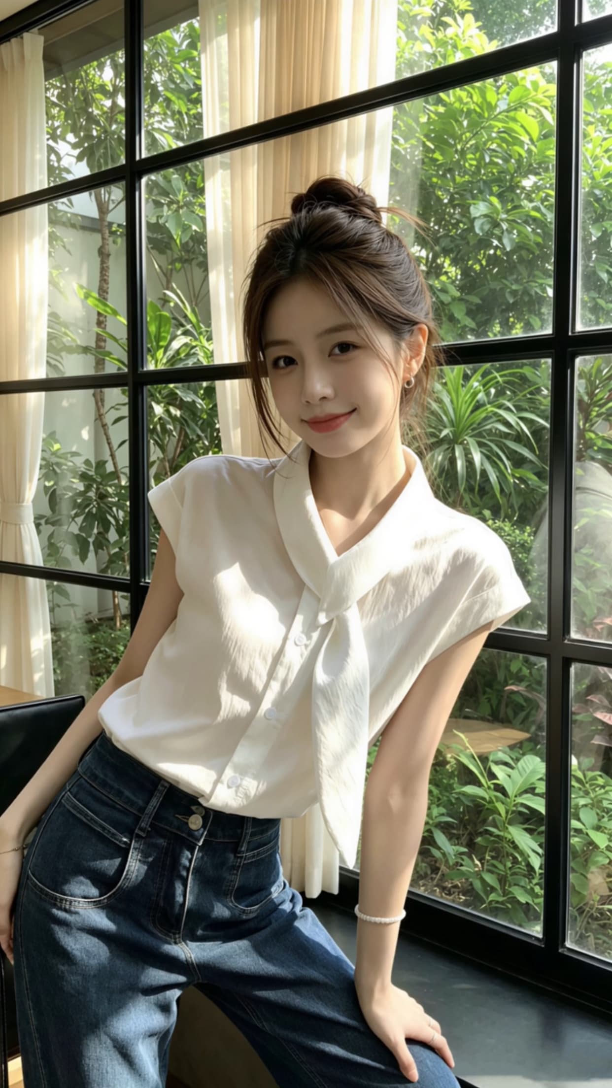 작은 날다 소매 리본 셔츠 맨위 여성 이미지 2