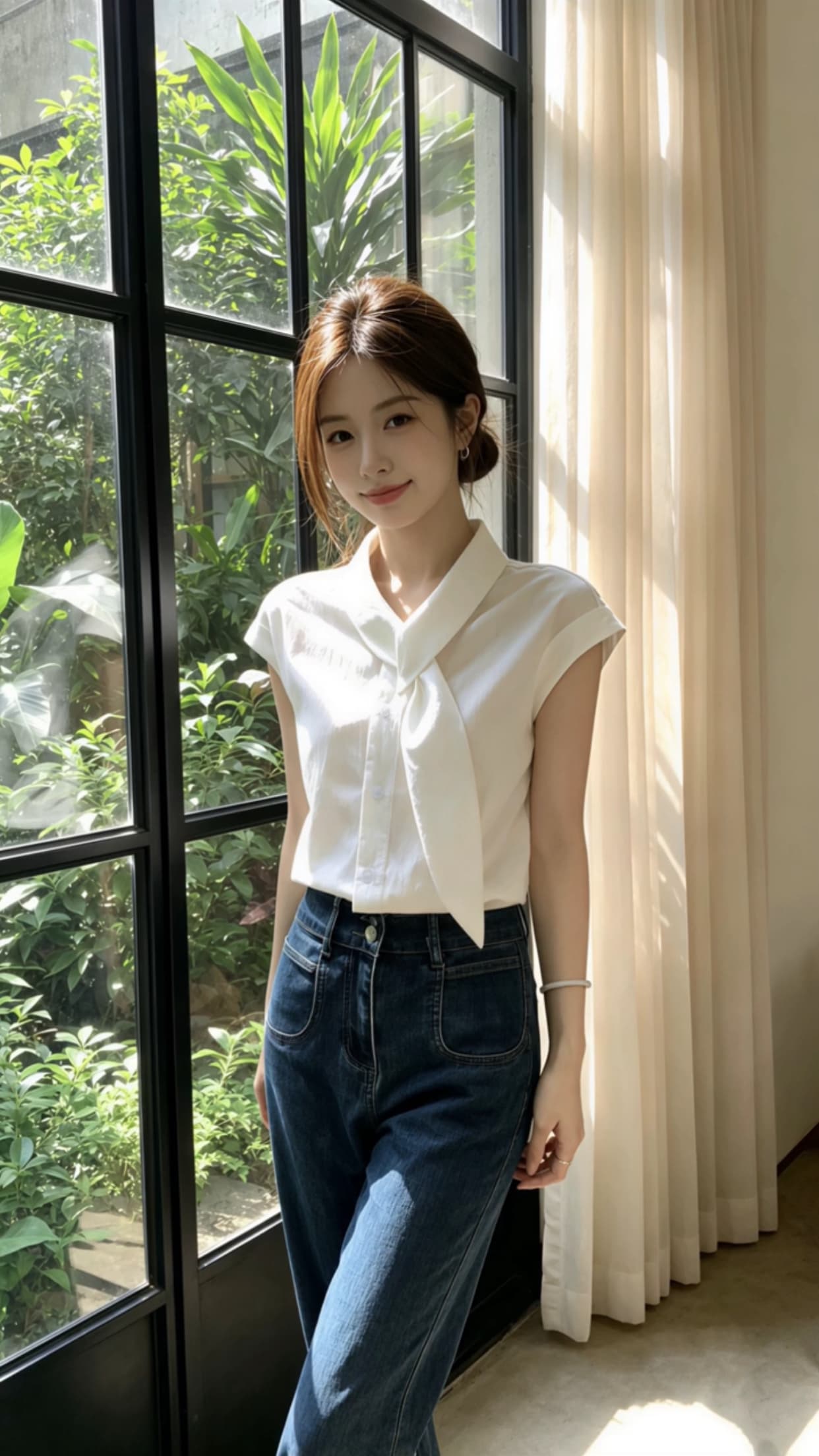 작은 날다 소매 리본 셔츠 맨위 여성 상세 이미지 5