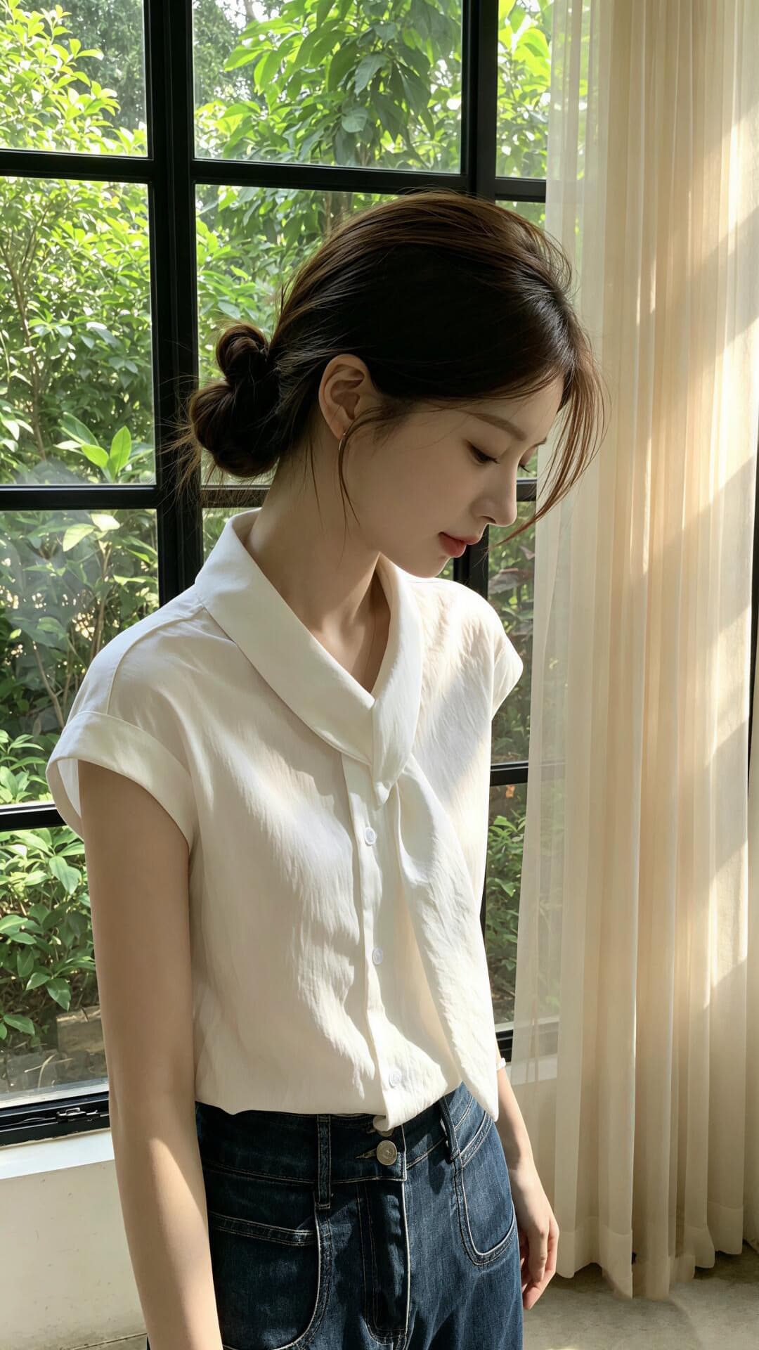 작은 날다 소매 리본 셔츠 맨위 여성 상세 이미지 6