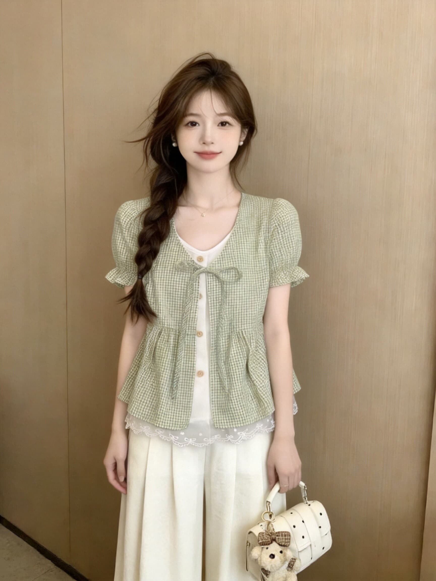 페이크 레이어드 레이스 레이스 격자 무늬 셔츠 맨위 여성 이미지 4