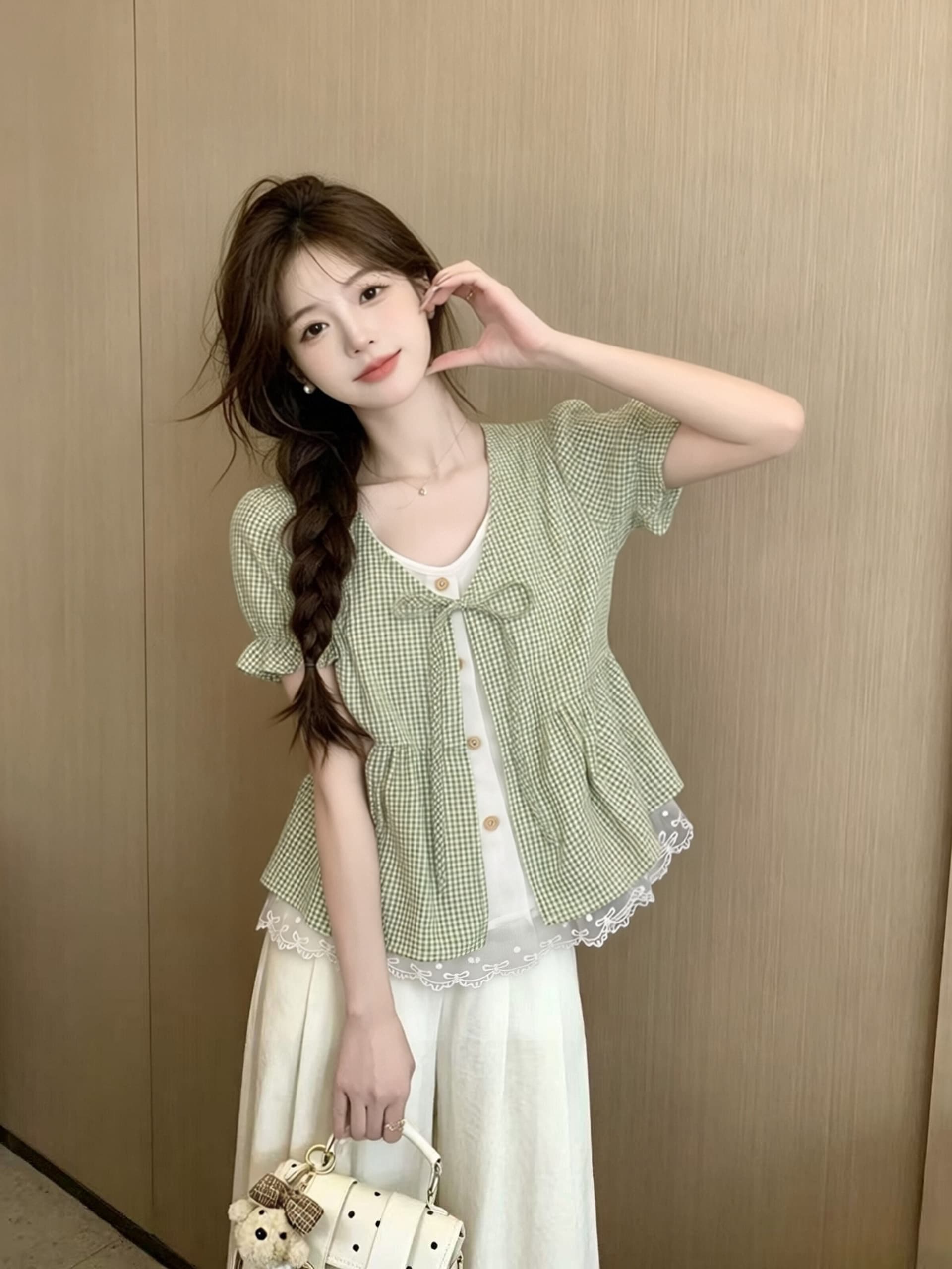 페이크 레이어드 레이스 레이스 격자 무늬 셔츠 맨위 여성 상세 이미지 2