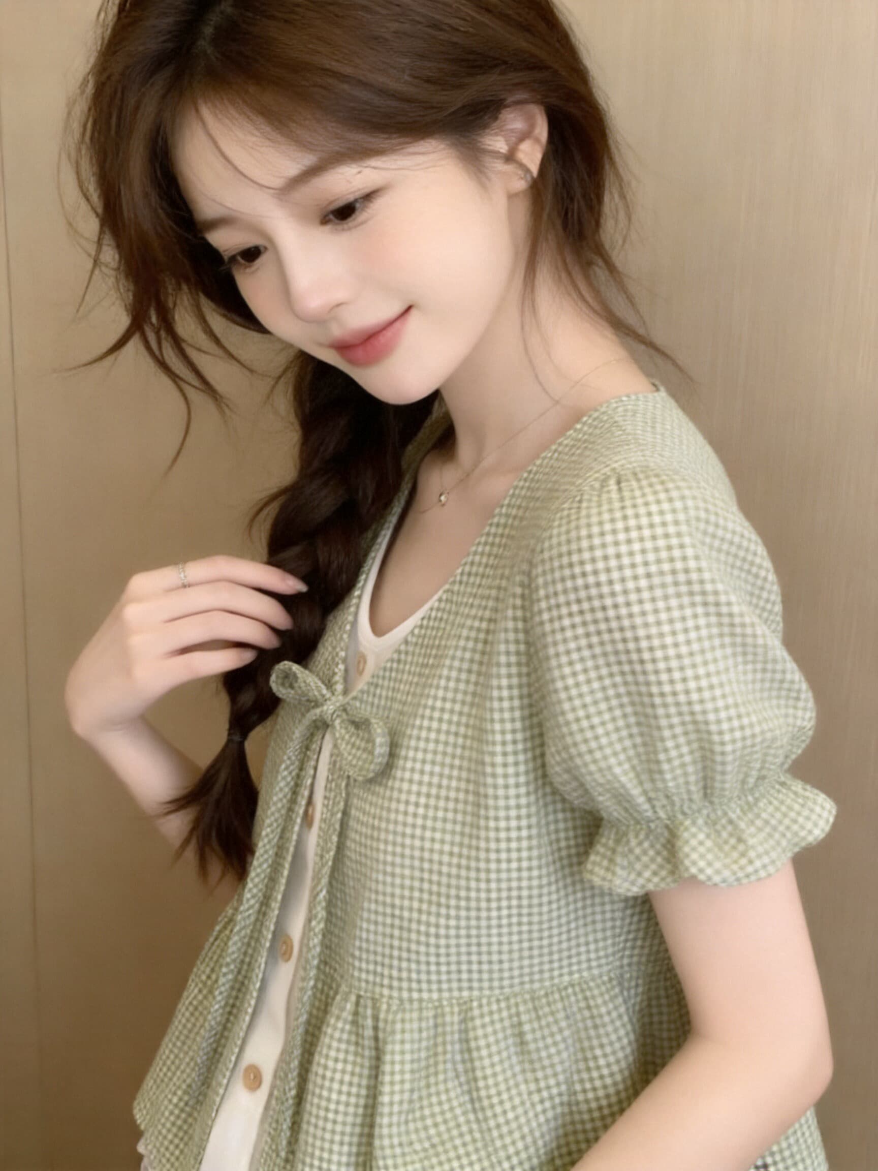 페이크 레이어드 레이스 레이스 격자 무늬 셔츠 맨위 여성 상세 이미지 7