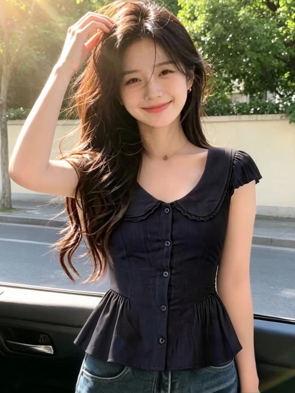 베이비 칼라 거품 소매 셔츠 맨위 여성 이미지 2
