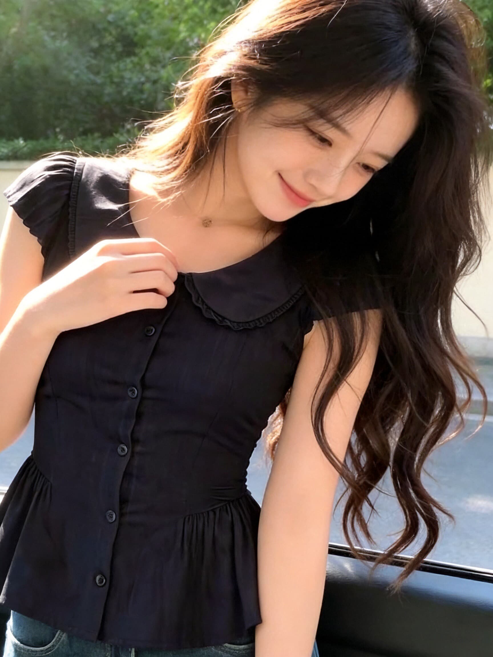 베이비 칼라 거품 소매 셔츠 맨위 여성 상세 이미지 5