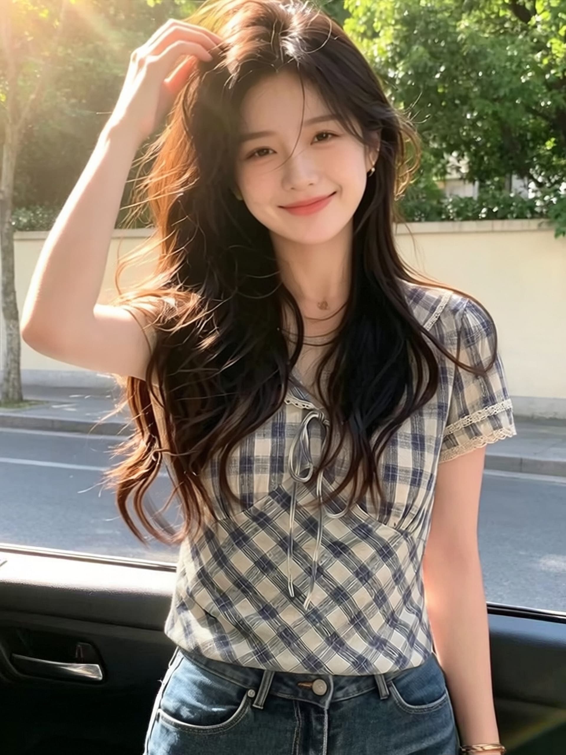 해군 칼라 체크무늬 셔츠 맨위 여성 이미지 3