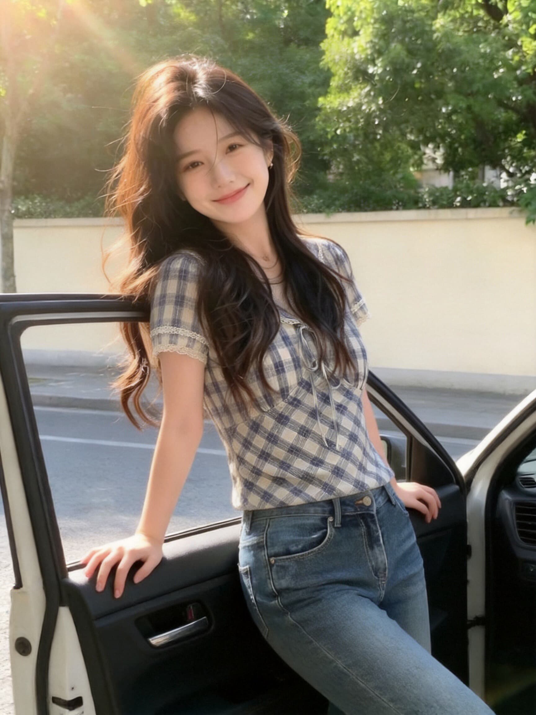 해군 칼라 체크무늬 셔츠 맨위 여성 이미지 5