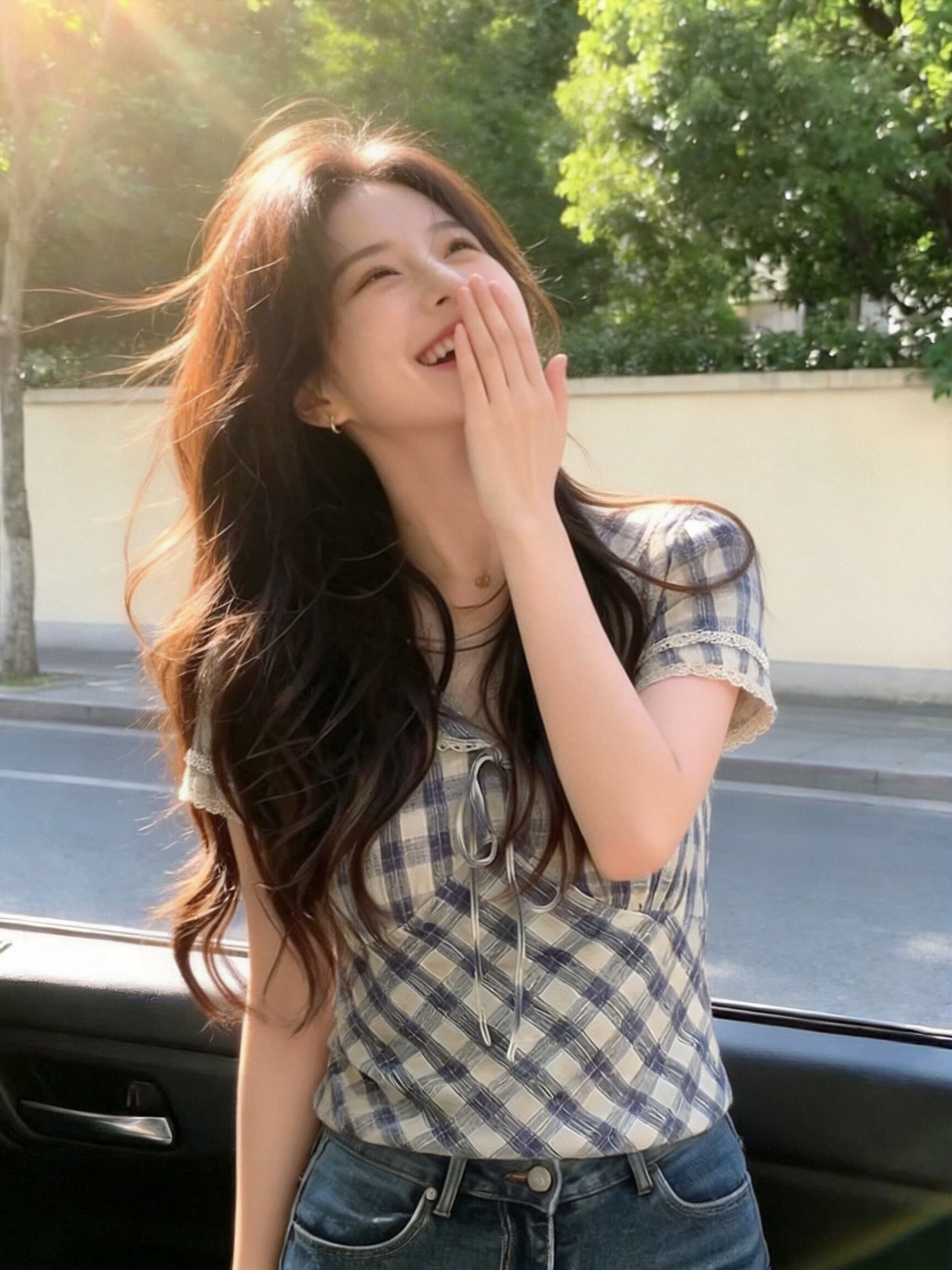 해군 칼라 체크무늬 셔츠 맨위 여성 상세 이미지 2