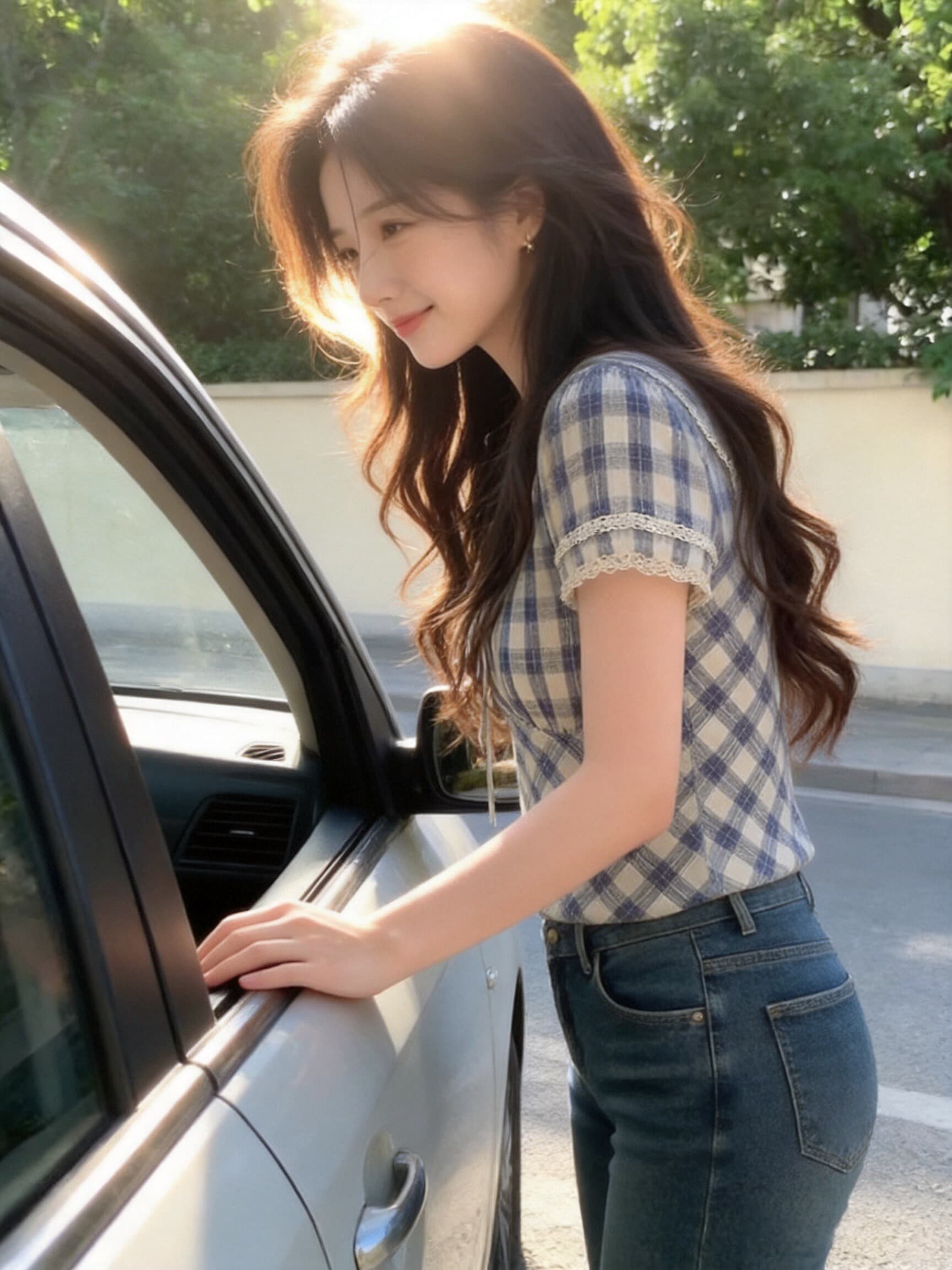 해군 칼라 체크무늬 셔츠 맨위 여성 상세 이미지 3