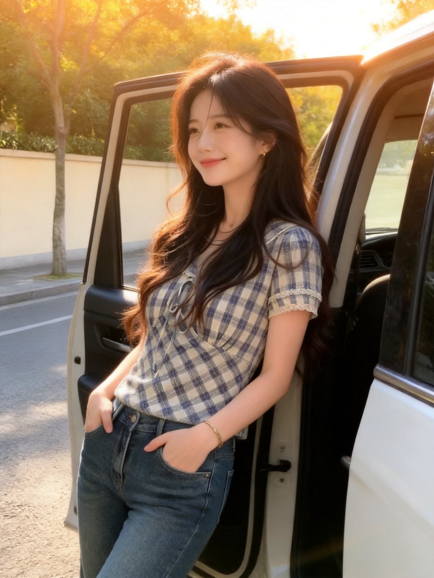 해군 칼라 체크무늬 셔츠 맨위 여성 상세 이미지 5
