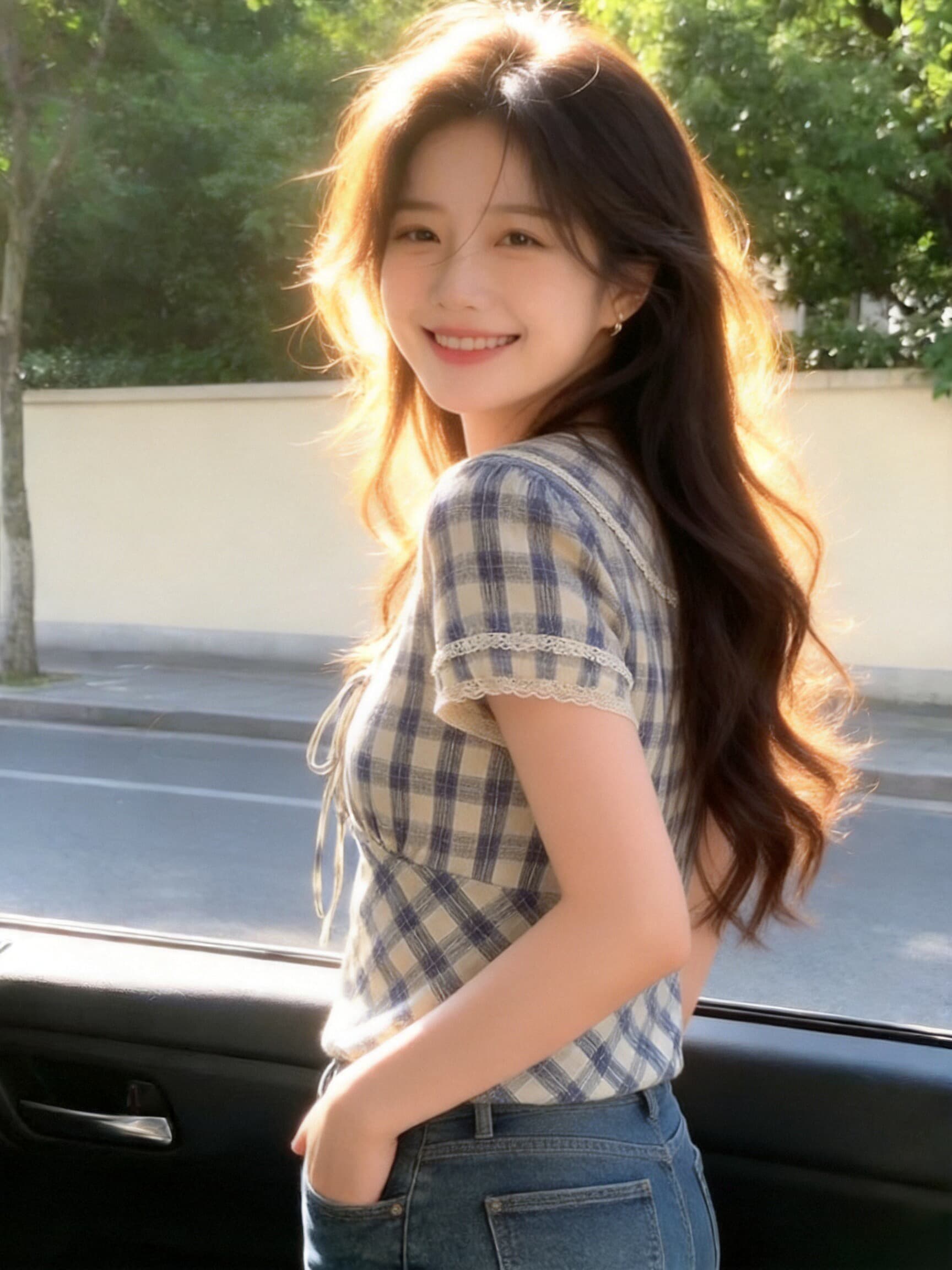 해군 칼라 체크무늬 셔츠 맨위 여성 상세 이미지 6