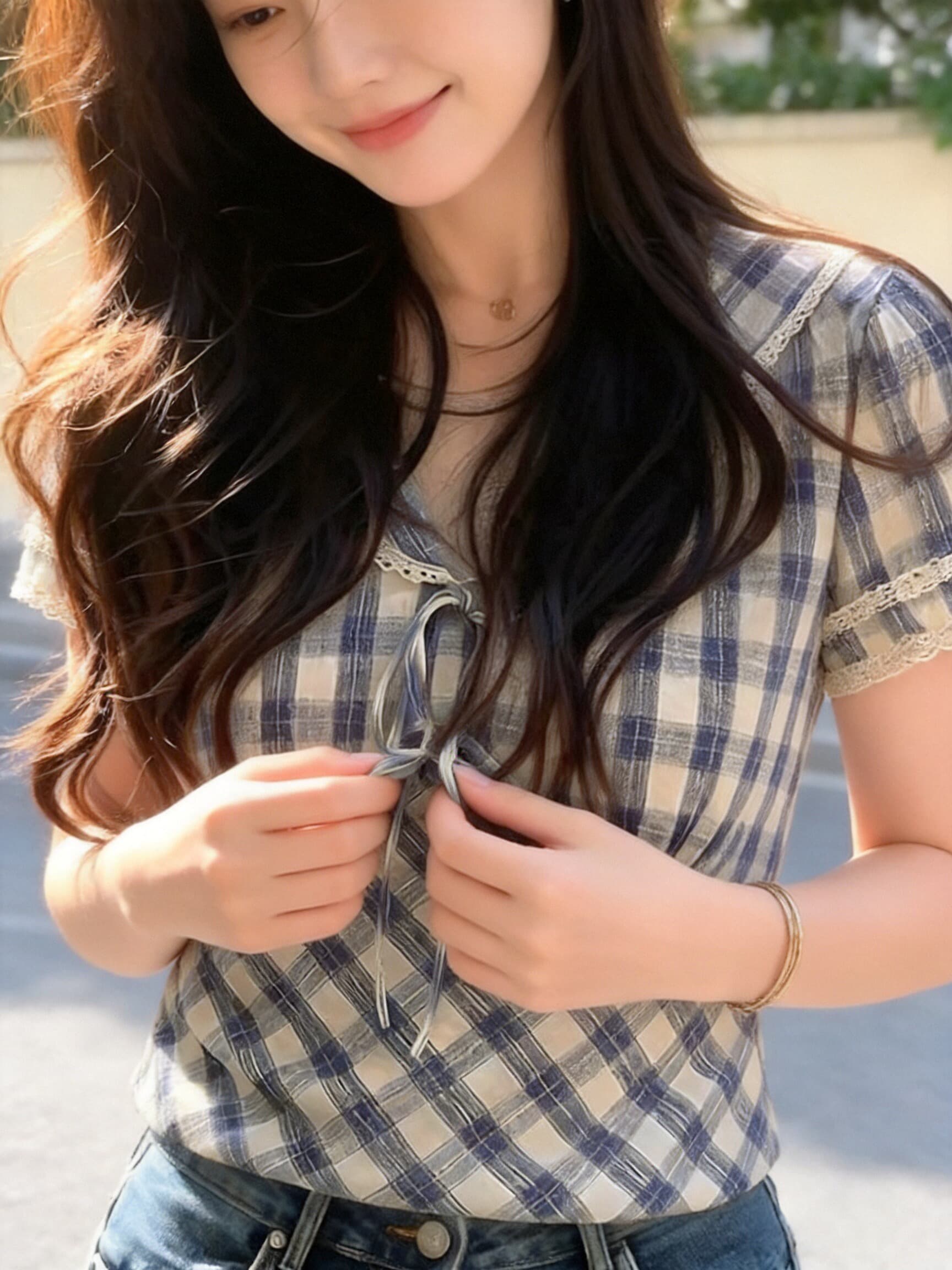 해군 칼라 체크무늬 셔츠 맨위 여성 상세 이미지 8