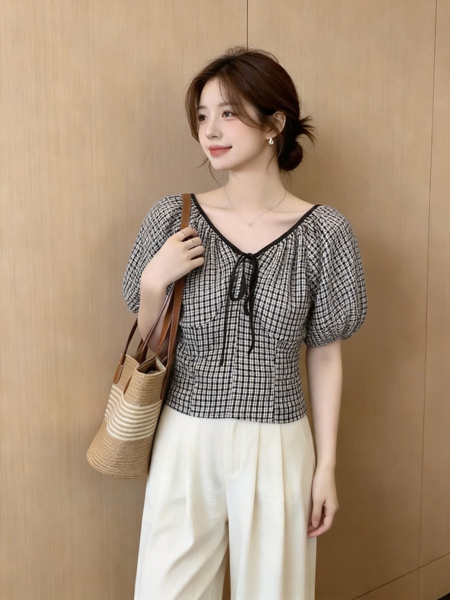 체크무늬 측면 지퍼 쇼트 스타일 셔츠 맨위 여성 이미지 3