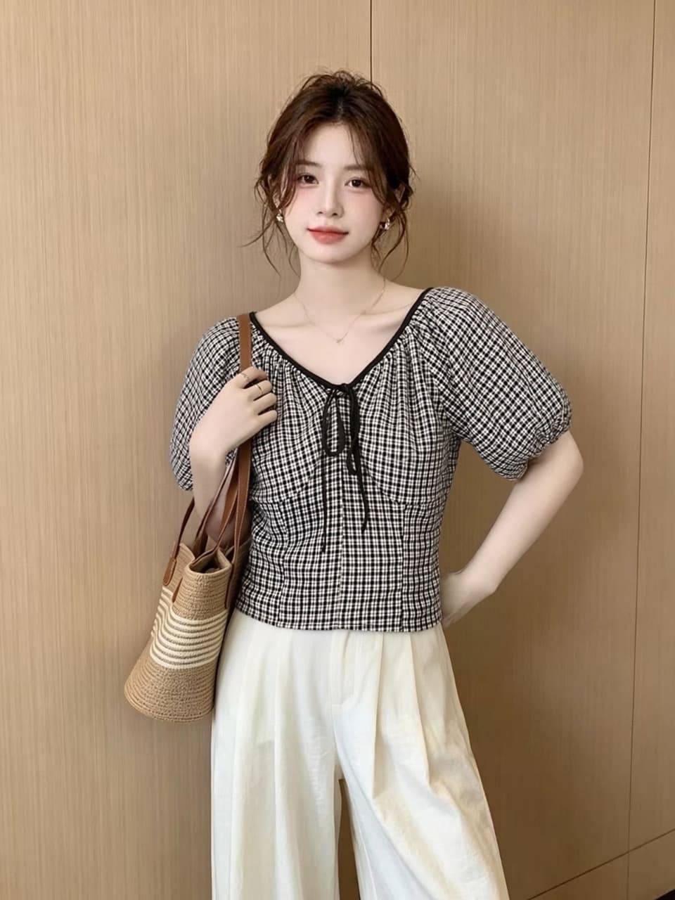 체크무늬 측면 지퍼 쇼트 스타일 셔츠 맨위 여성 상세 이미지 4