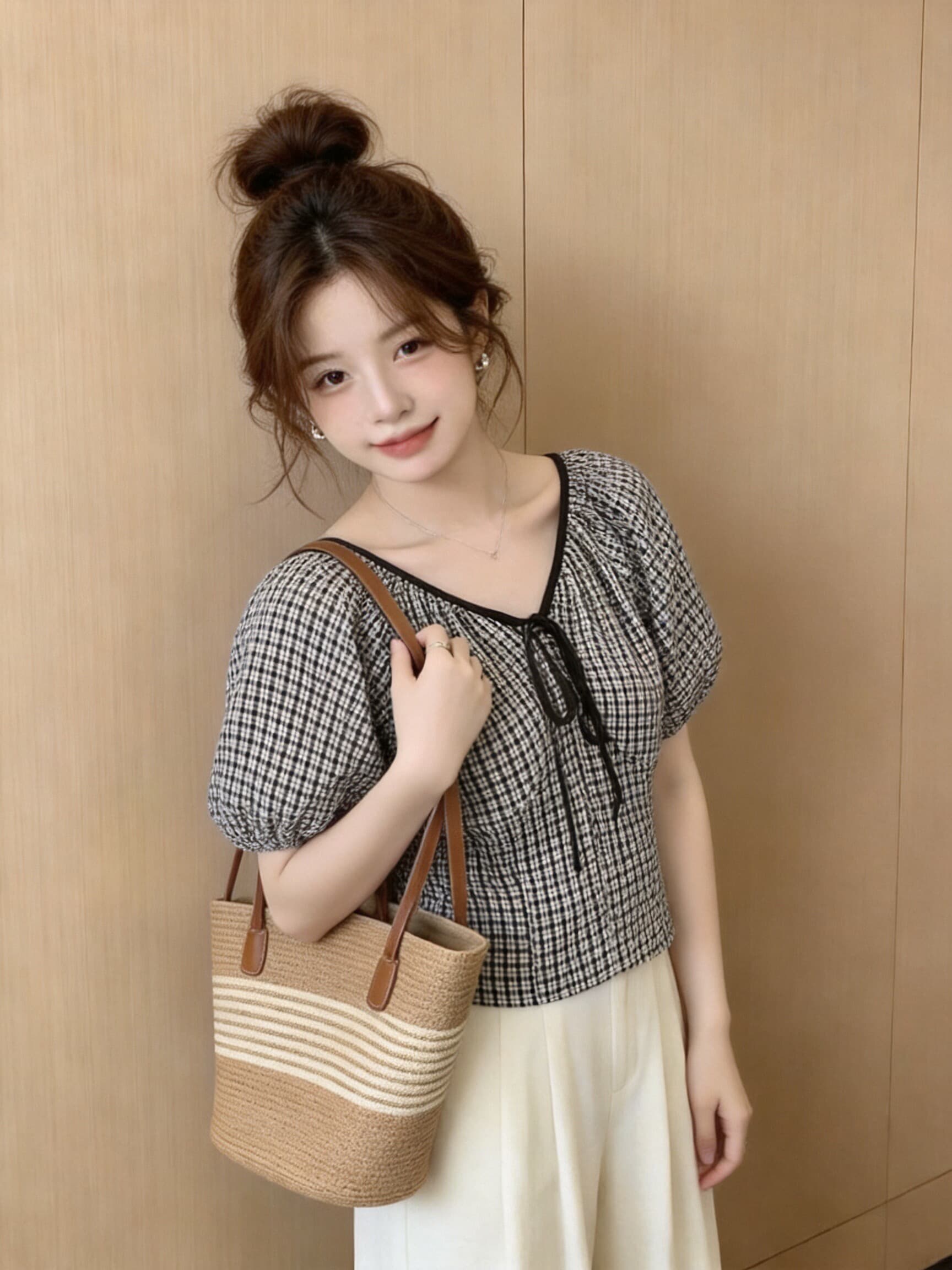 체크무늬 측면 지퍼 쇼트 스타일 셔츠 맨위 여성 상세 이미지 5