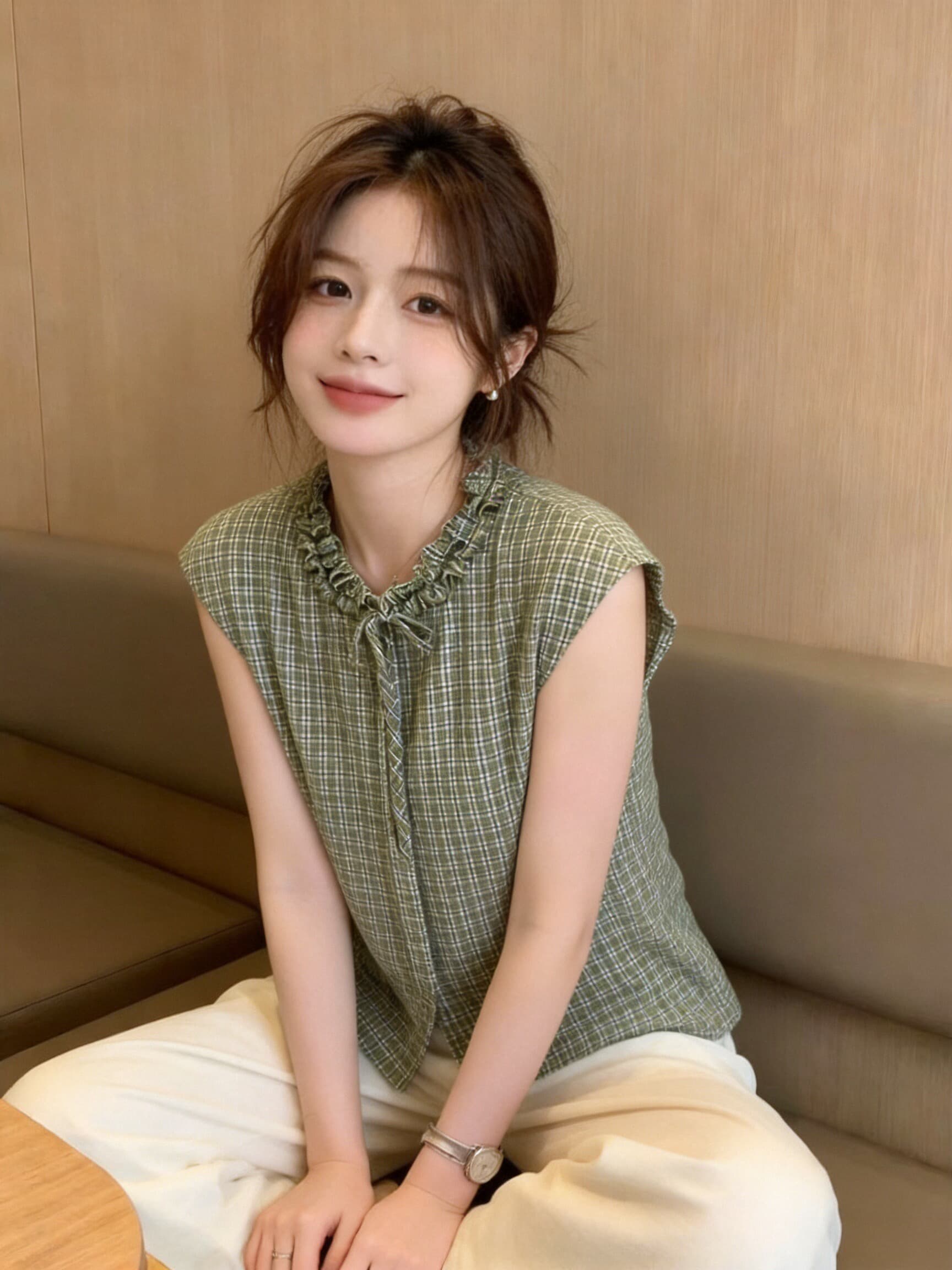 프릴 체크무늬 셔츠 맨위 여성 이미지 2