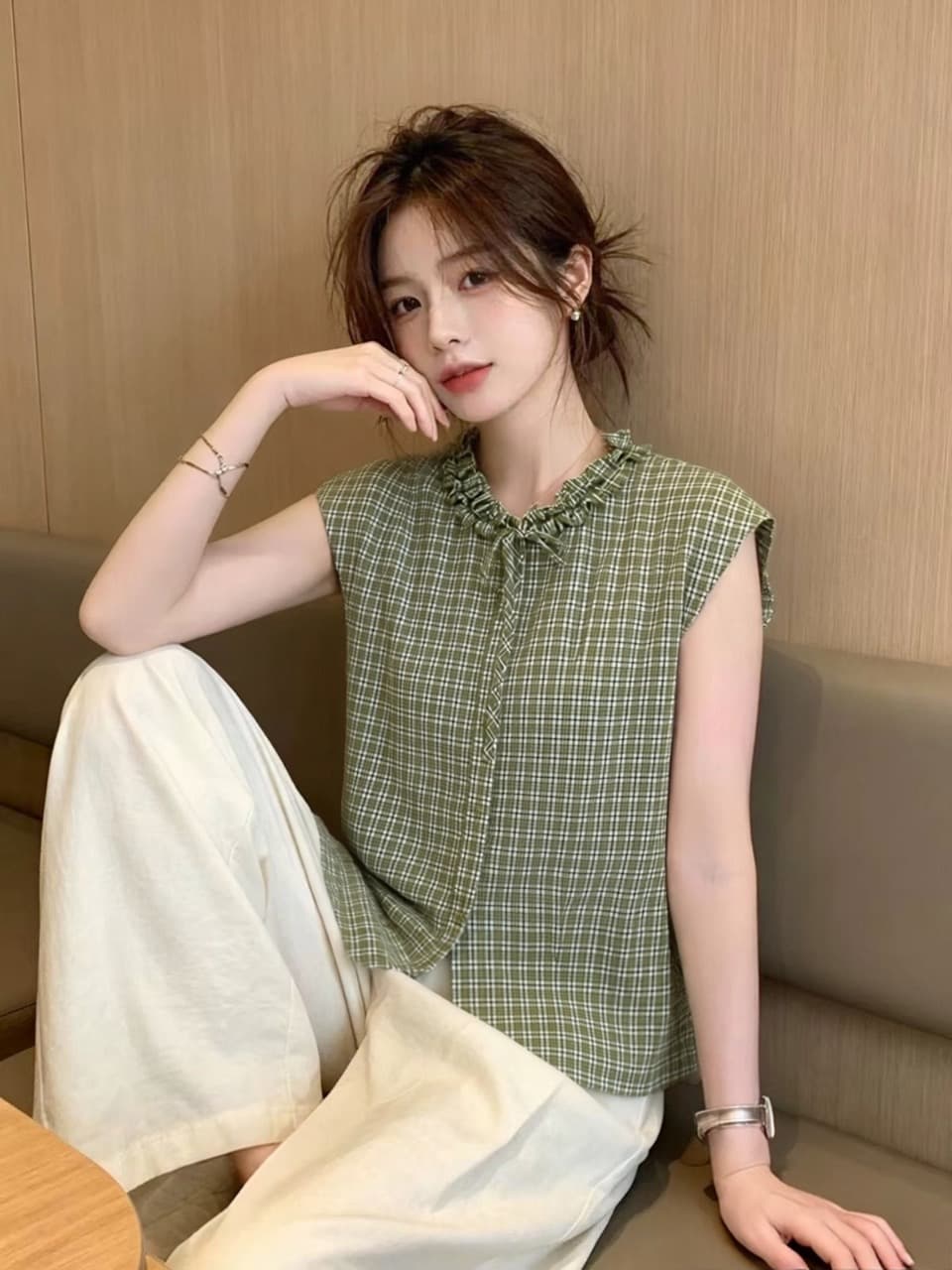 프릴 체크무늬 셔츠 맨위 여성 이미지 3