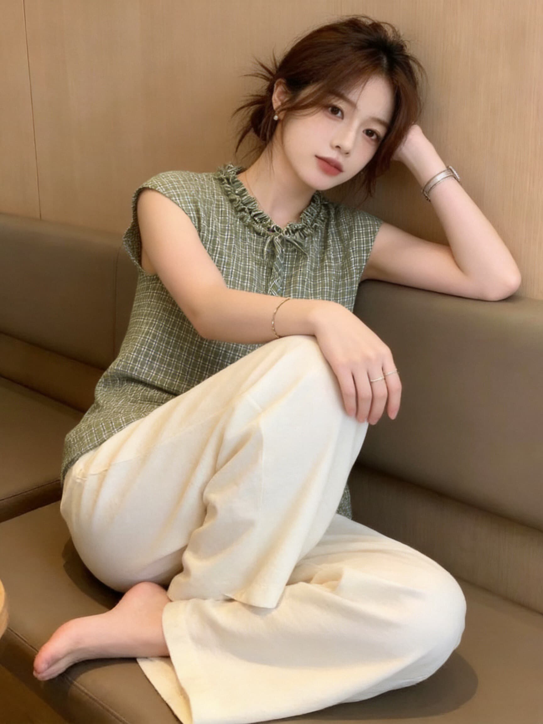 프릴 체크무늬 셔츠 맨위 여성 상세 이미지 5