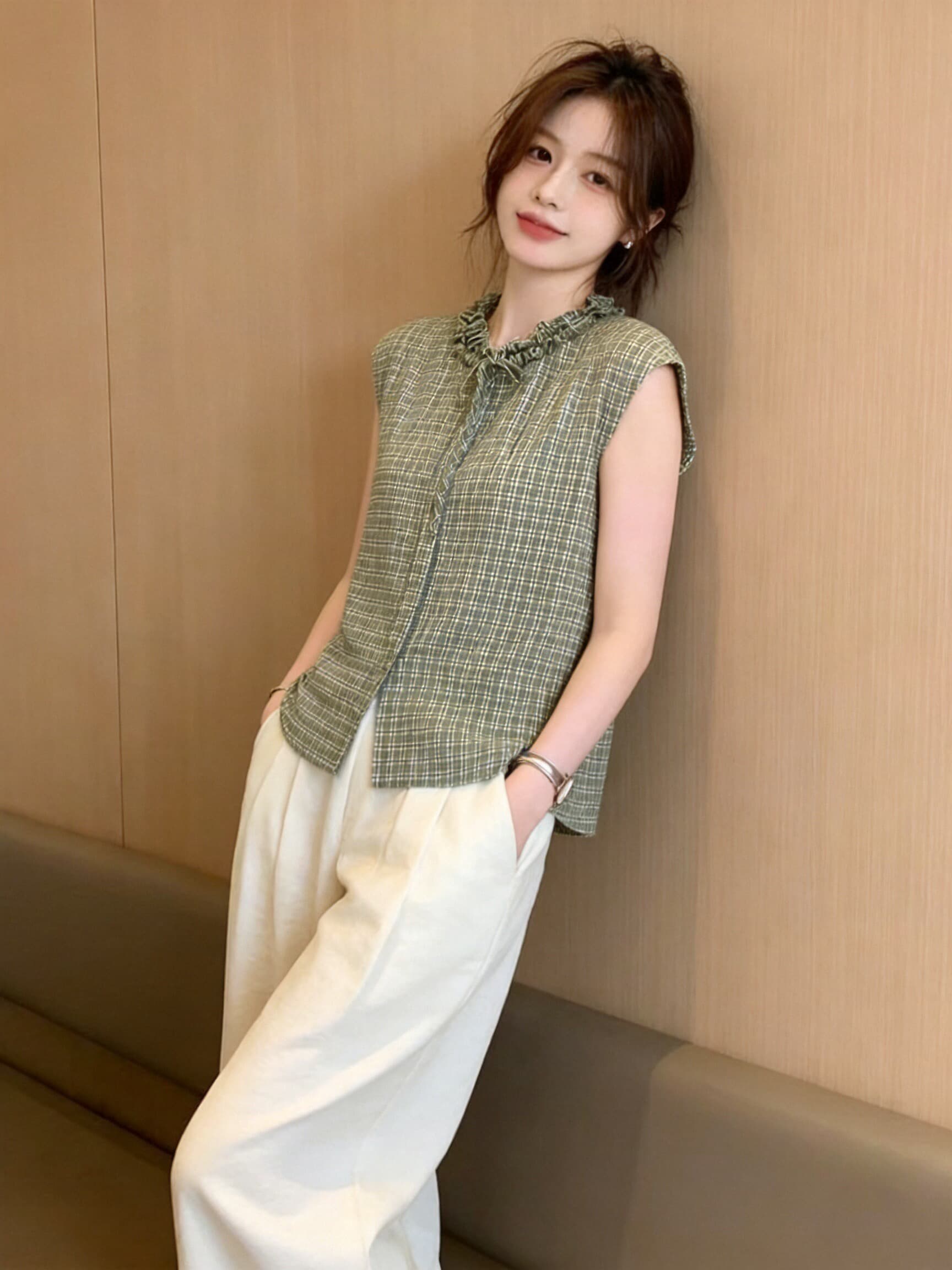 프릴 체크무늬 셔츠 맨위 여성 상세 이미지 7