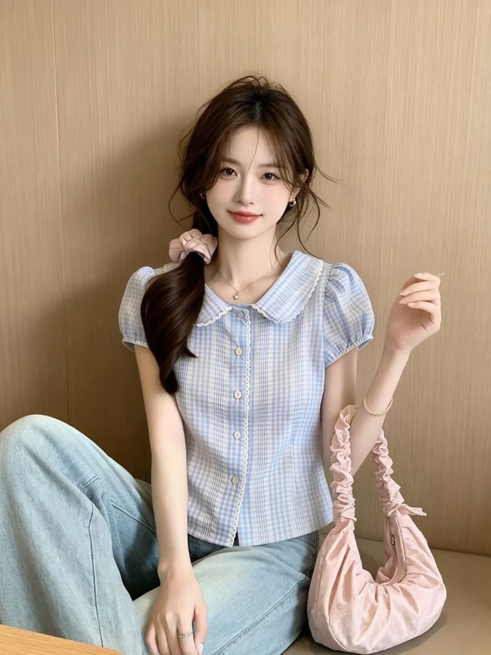 베이비 칼라 거품 소매 셔츠 맨위 여성 이미지 3