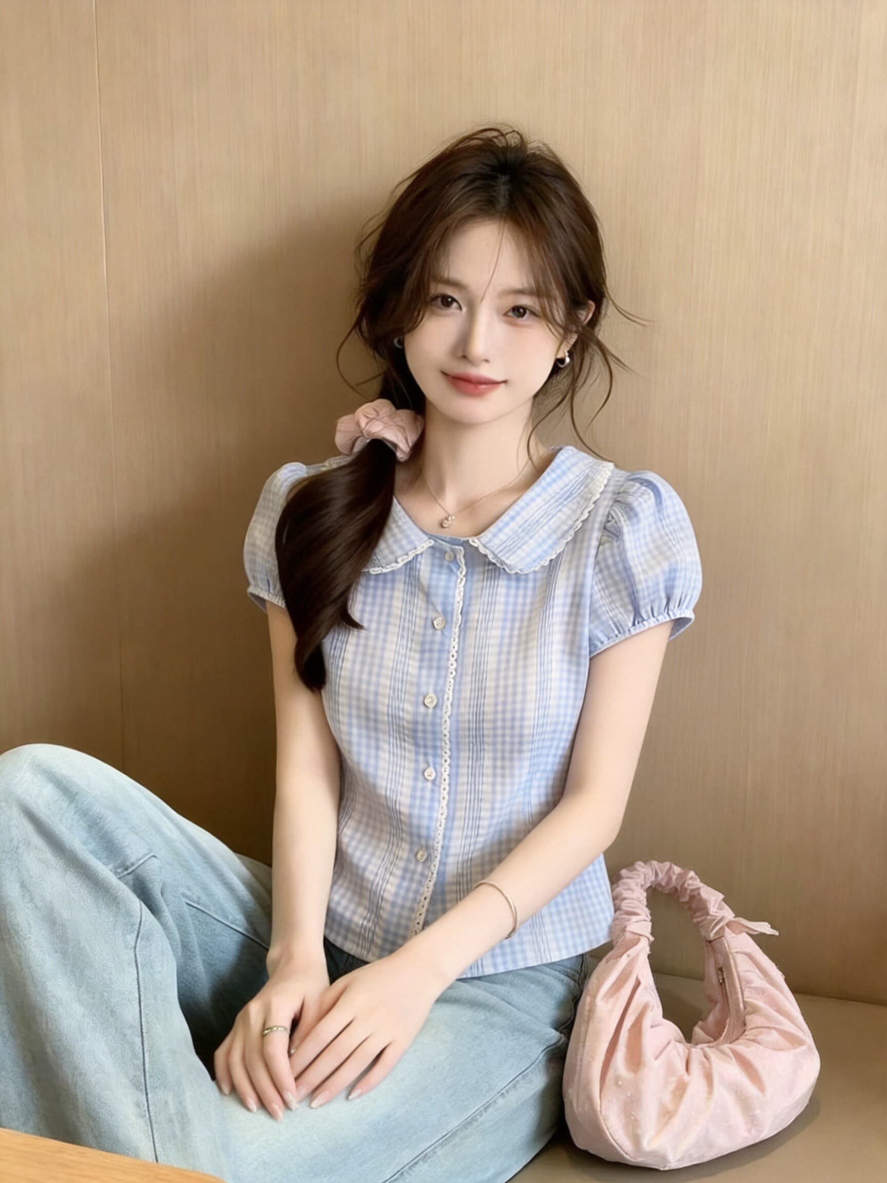 베이비 칼라 거품 소매 셔츠 맨위 여성 상세 이미지 3